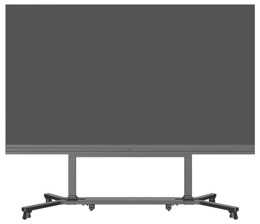 Ein großer, leerer Flachbildschirm-Monitor auf einem fahrbaren Ständer, bereit für eine Präsentation oder interaktive Nutzung in einer Besprechung oder im Klassenzimmer.