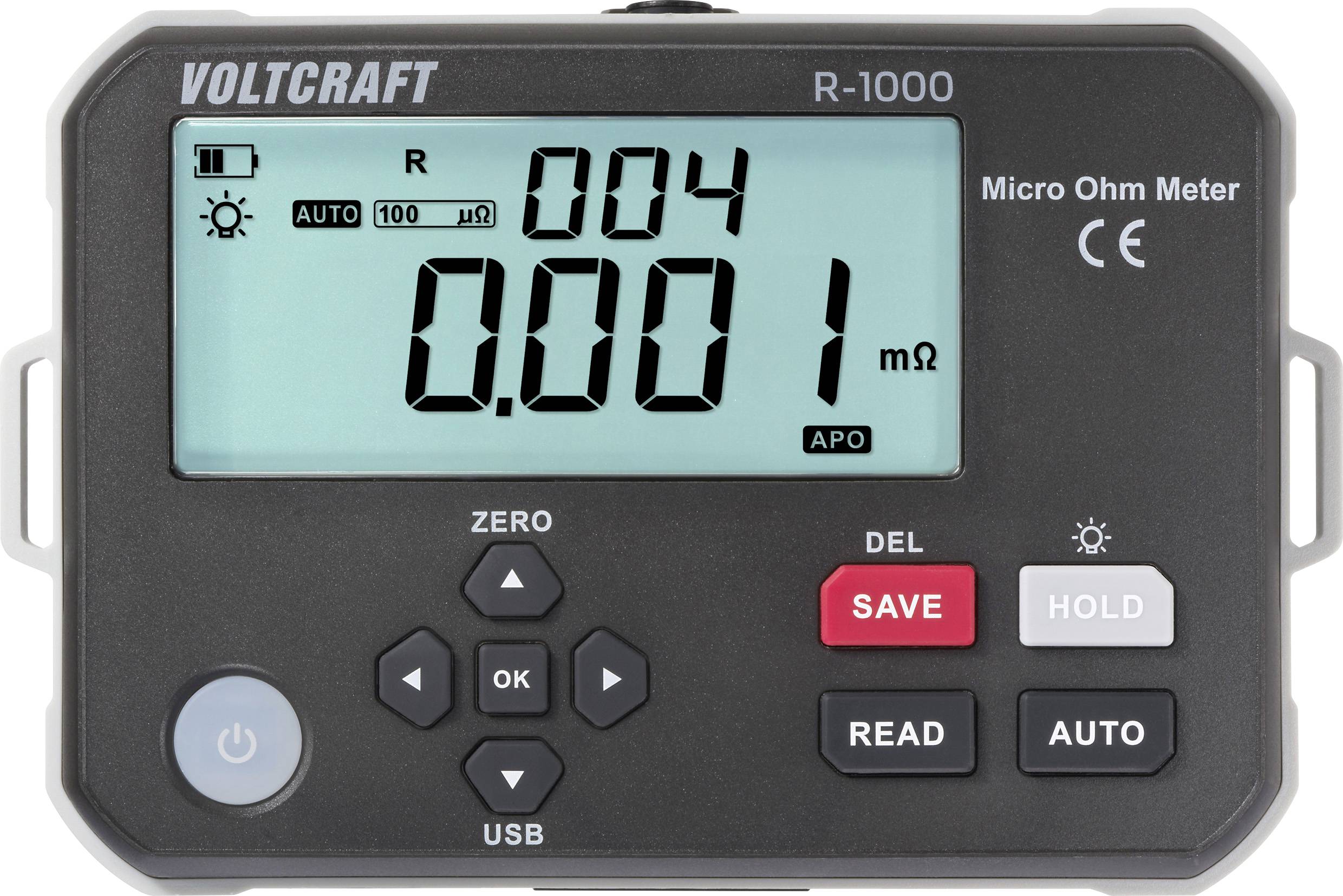 Micro-Ohmmeter-Display zeigt '004' und '0.001 mΩ'. Tasten: Null, Löschen, Speichern, Halten, Ablesen, Auto mit USB-Anschluss darunter. Marke: Voltcraft.