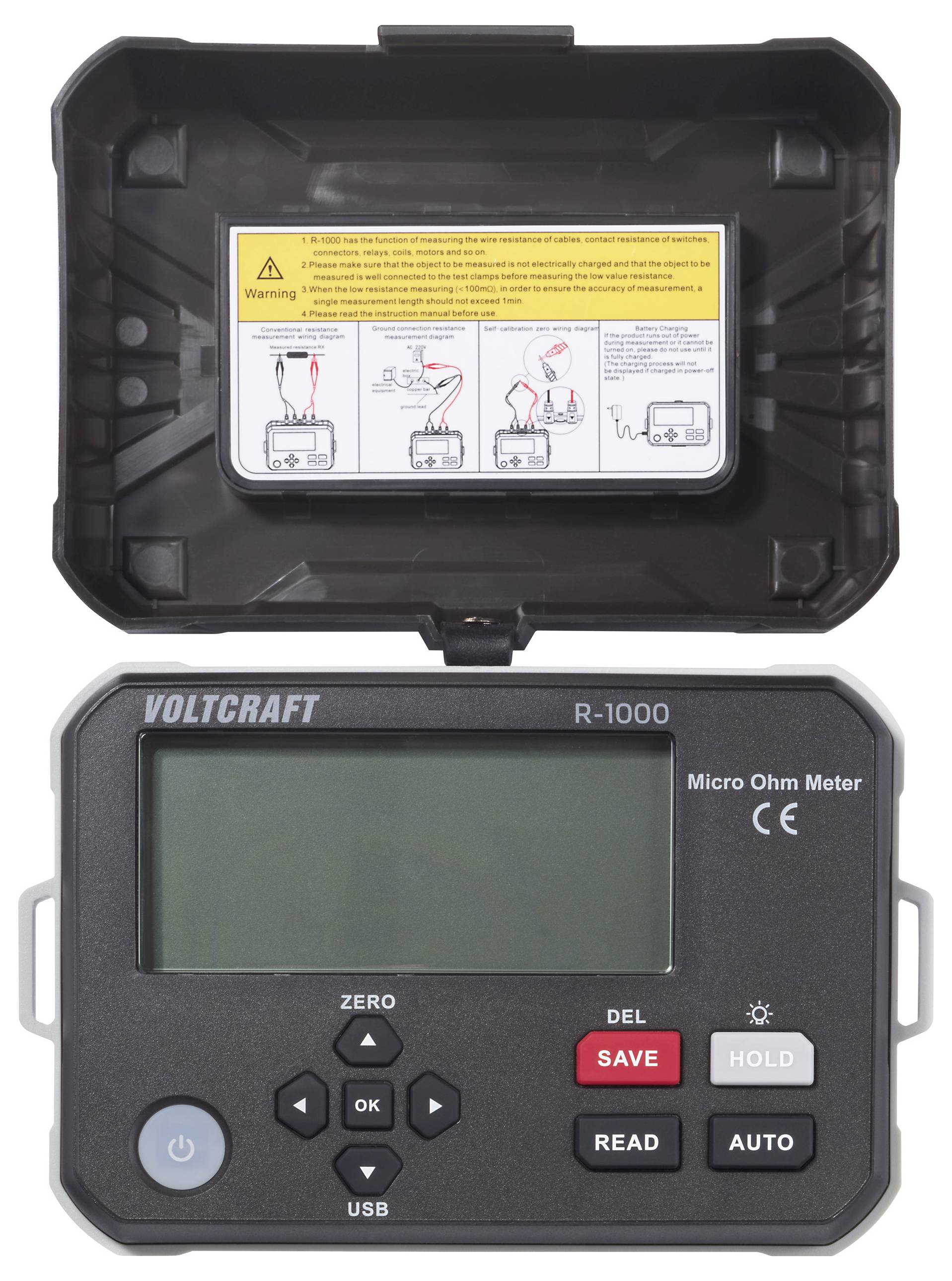 Digitales Mikro-Ohmmeter mit der Bezeichnung 'Voltcraft R-1000' mit Display und Bedienungstasten. Offener Deckel zeigt ein Warnschild und Diagramm-Anweisungen.