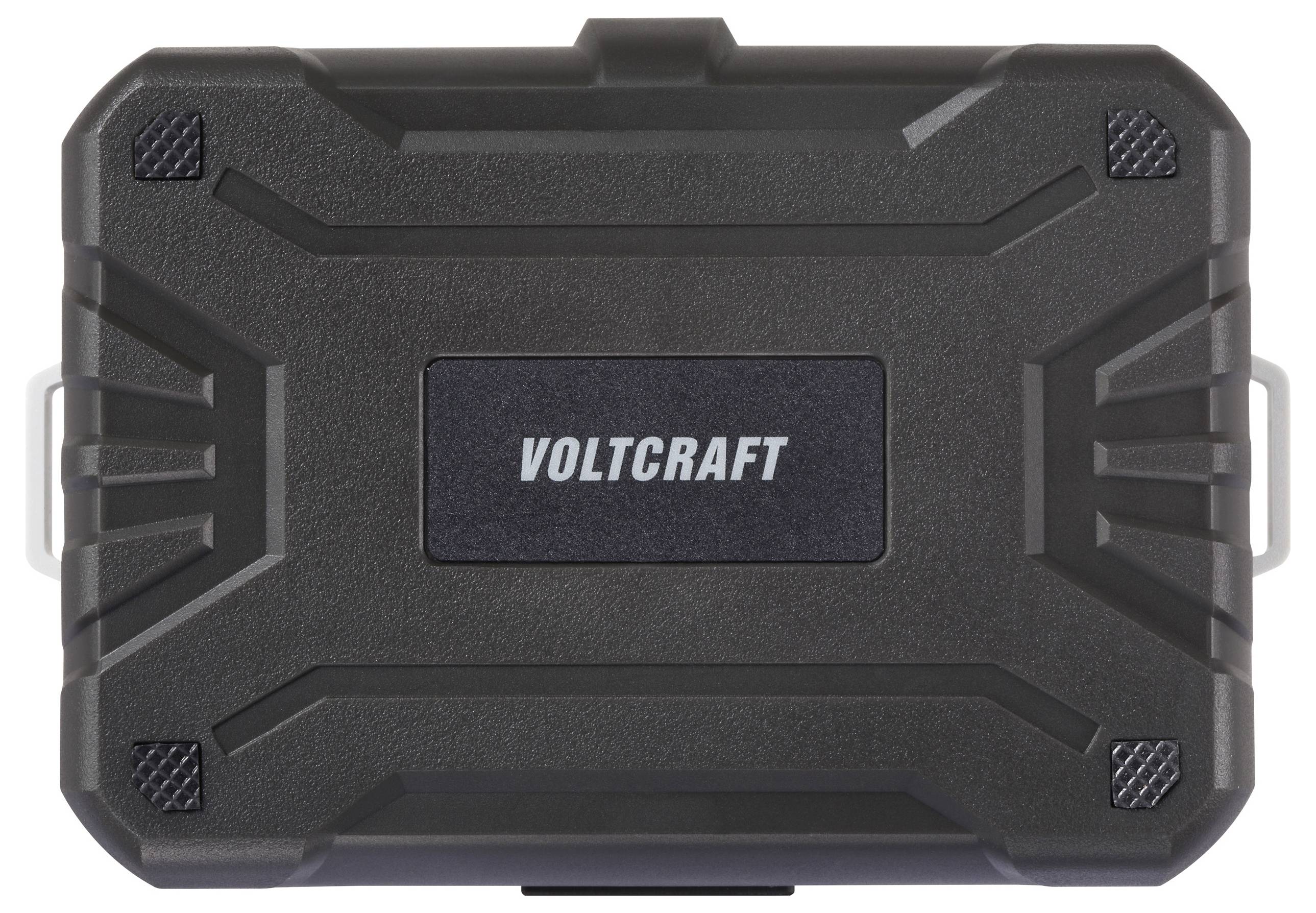 Eine schwarze, robuste Schutzumhüllung mit dem Logo 'Voltcraft' auf der Vorderseite, die Strapazierfähigkeit und professionellen Einsatz andeutet.