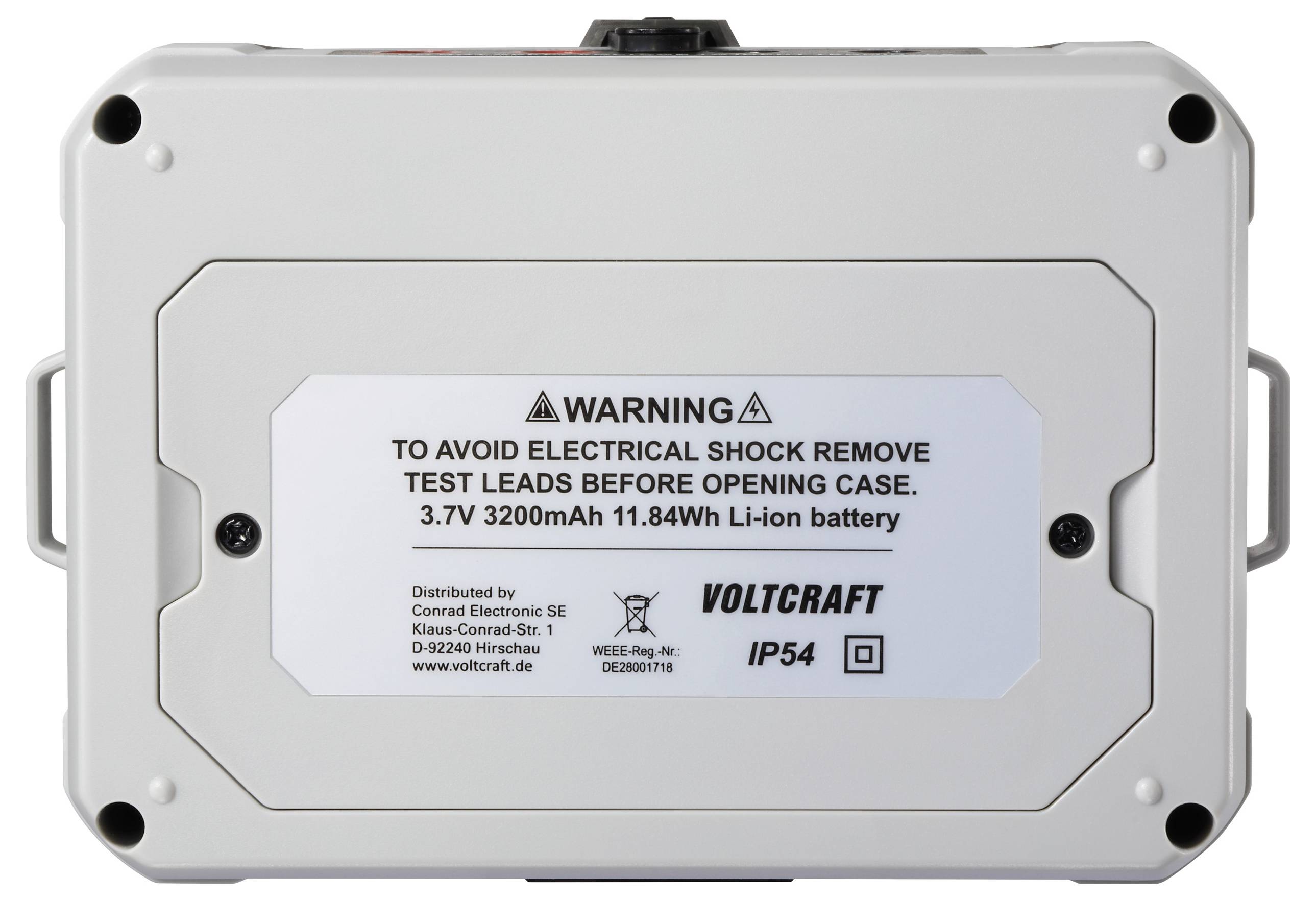 WARNUNG: ZUR VERMEIDUNG EINES ELEKTRISCHEN SCHLAGS MESSLEITUNG VOR DEM ÖFFNEN DES GEHÄUSES ENTFERNEN. 3,7V 3200mAh 11,84Wh Li-Ion-Akku. Vertrieben durch Conrad Electronic SE.