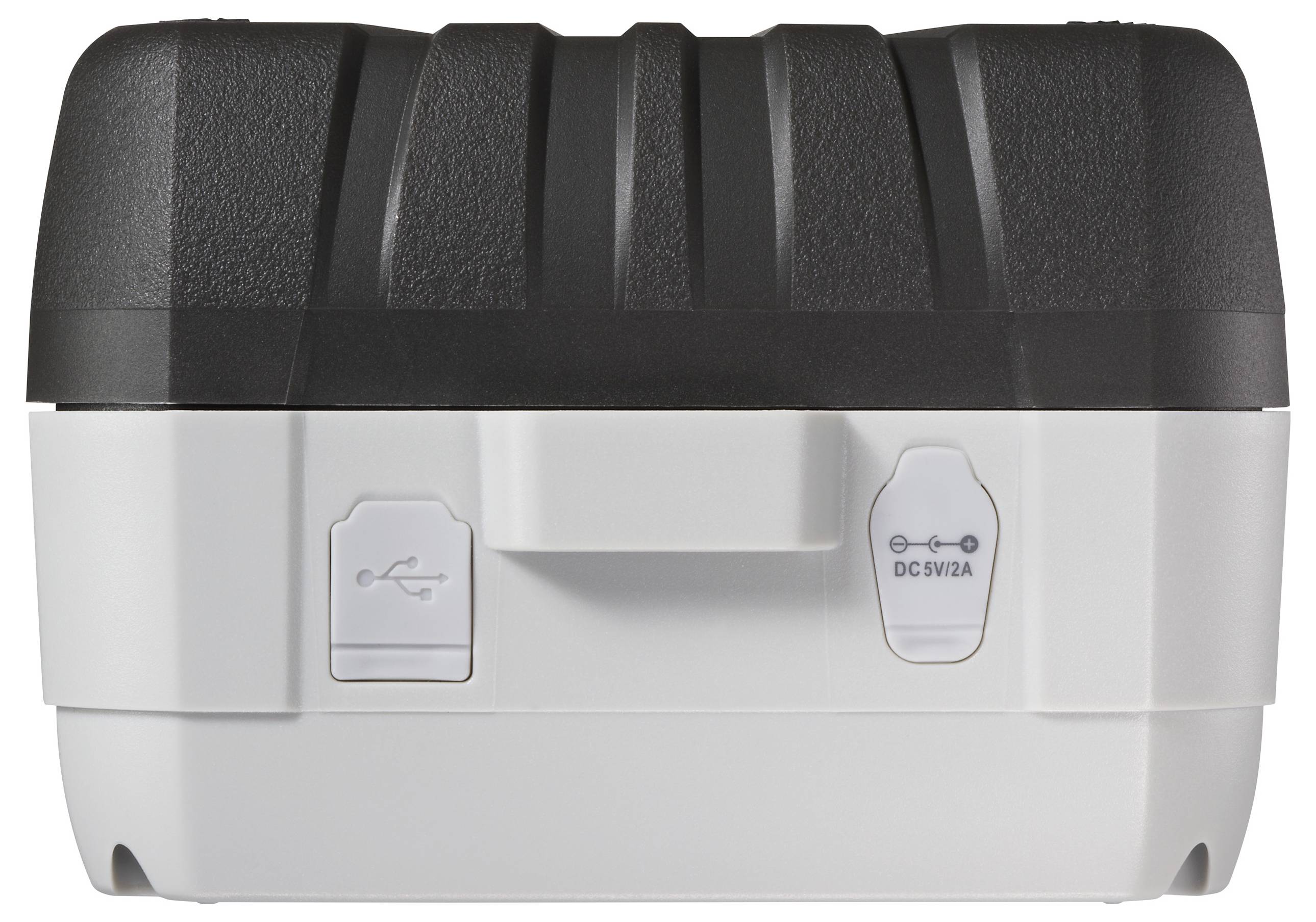 Ein schwarzweißes elektronisches Gerät mit USB- und DC 5V/2A-Anschlüssen im unteren Bereich.