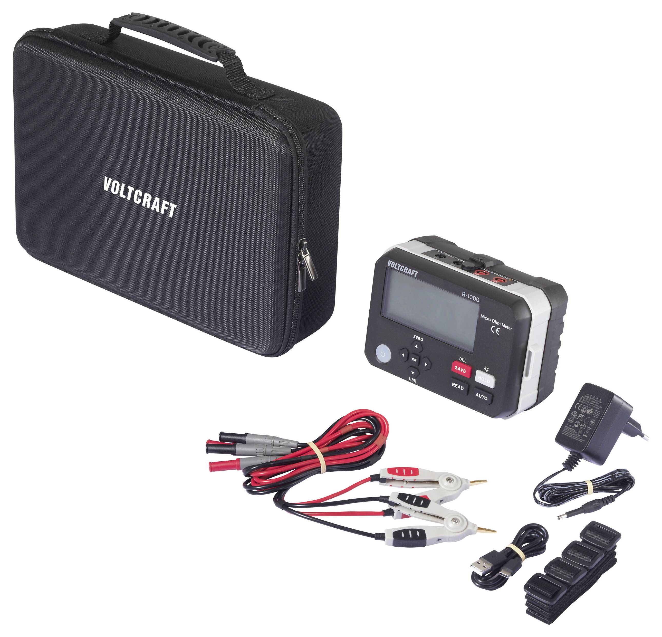 Ein Voltcraft-Batterietester-Set umfasst einen Transportkoffer, ein Testgerät mit Display, Krokodilklemmen, ein Ladegerät und verschiedene Anschlüsse.