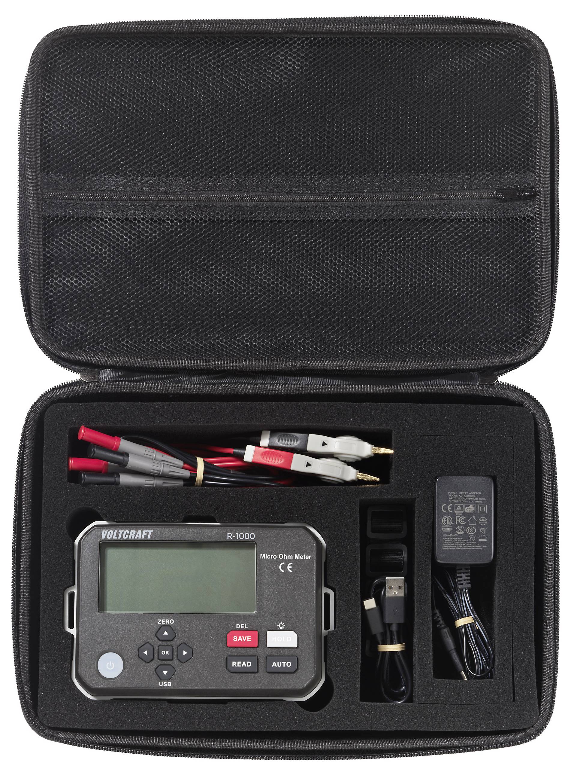 Voltcraft VC-337 Multimeter-Set mit Kabeln, Ladegerät und USB-Kabel in einer gepolsterten Transporttasche.