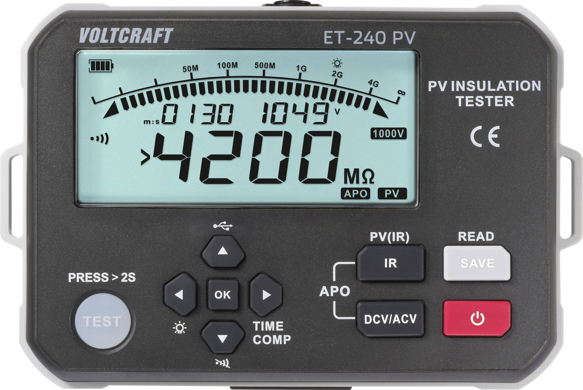 Der 'Voltcraft ET-240 PV Isolationstester' zeigt eine Messung von 4200 MΩ mit verschiedenen Steuerungstasten und Einstellungen für Isolationstests.