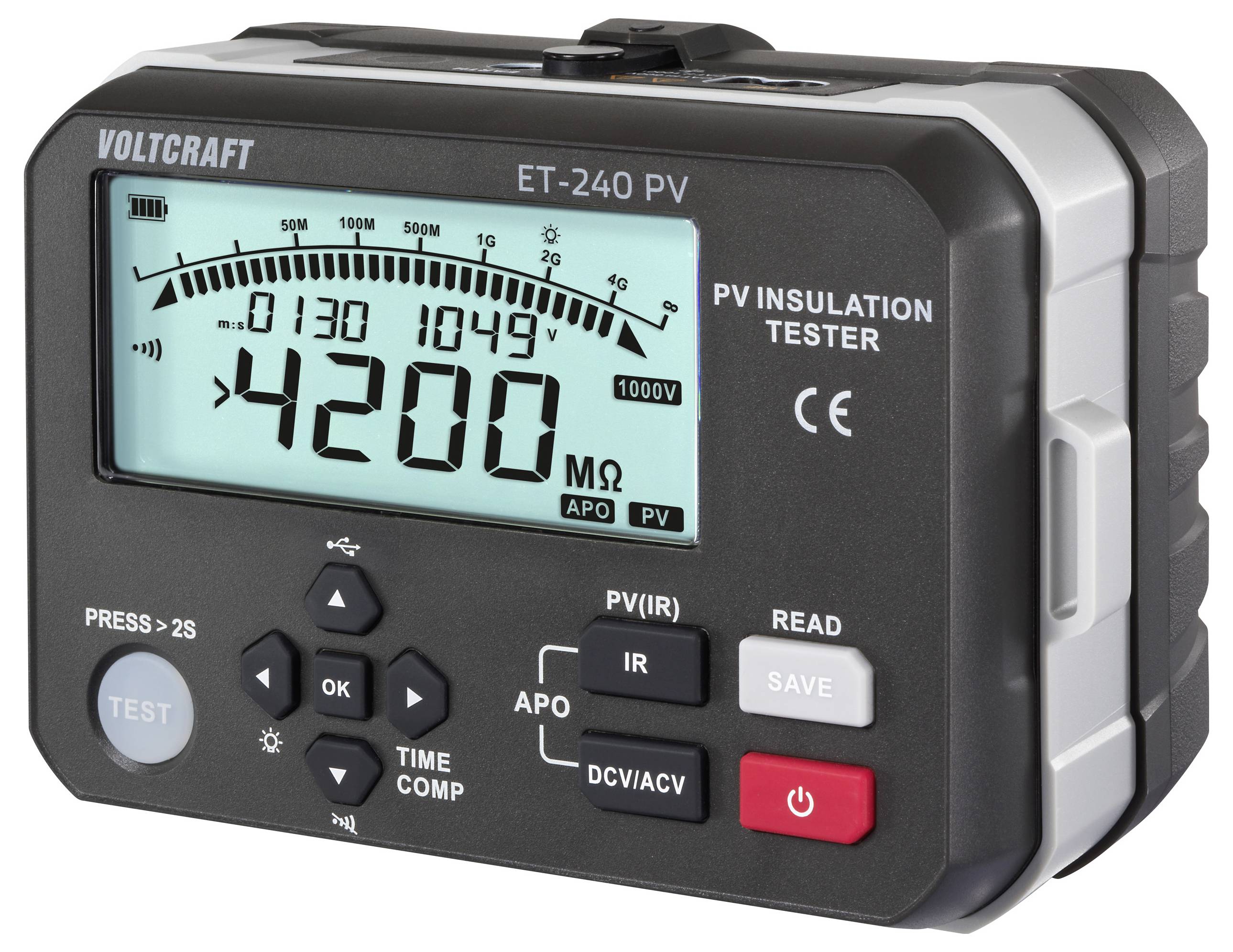 Ein digitales Isolationstestgerät mit der Anzeige '4200 MΩ' auf dem Bildschirm. Tasten zum Testen, Speichern und Anpassen der Modi sind sichtbar.