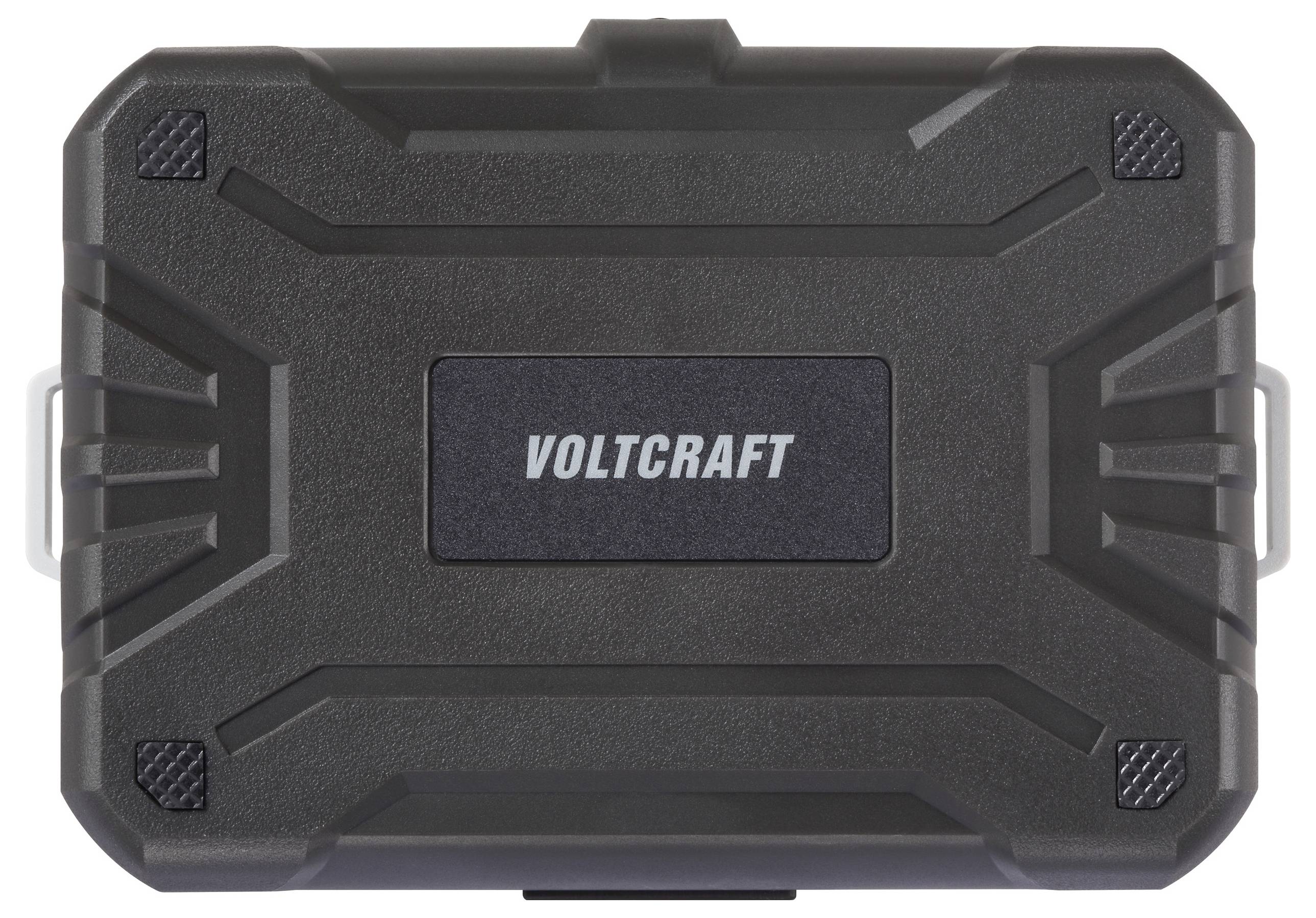Robustes schwarzes Voltcraft Schutzgehäuse mit strukturierter Oberfläche, zentriertem Markenschriftzug und verstärkten Ecken, entwickelt für dauerhafte Aufbewahrung.