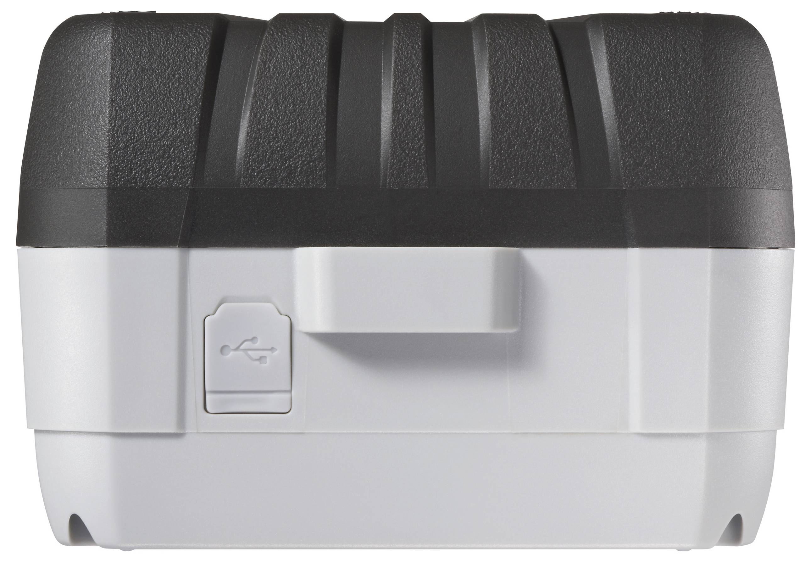 Ein kompaktes, rechteckiges Gerät mit einer schwarzen, strukturierten Oberfläche und einer glatten weißen Unterseite, das auf der Seite ein USB-Port-Symbol trägt.