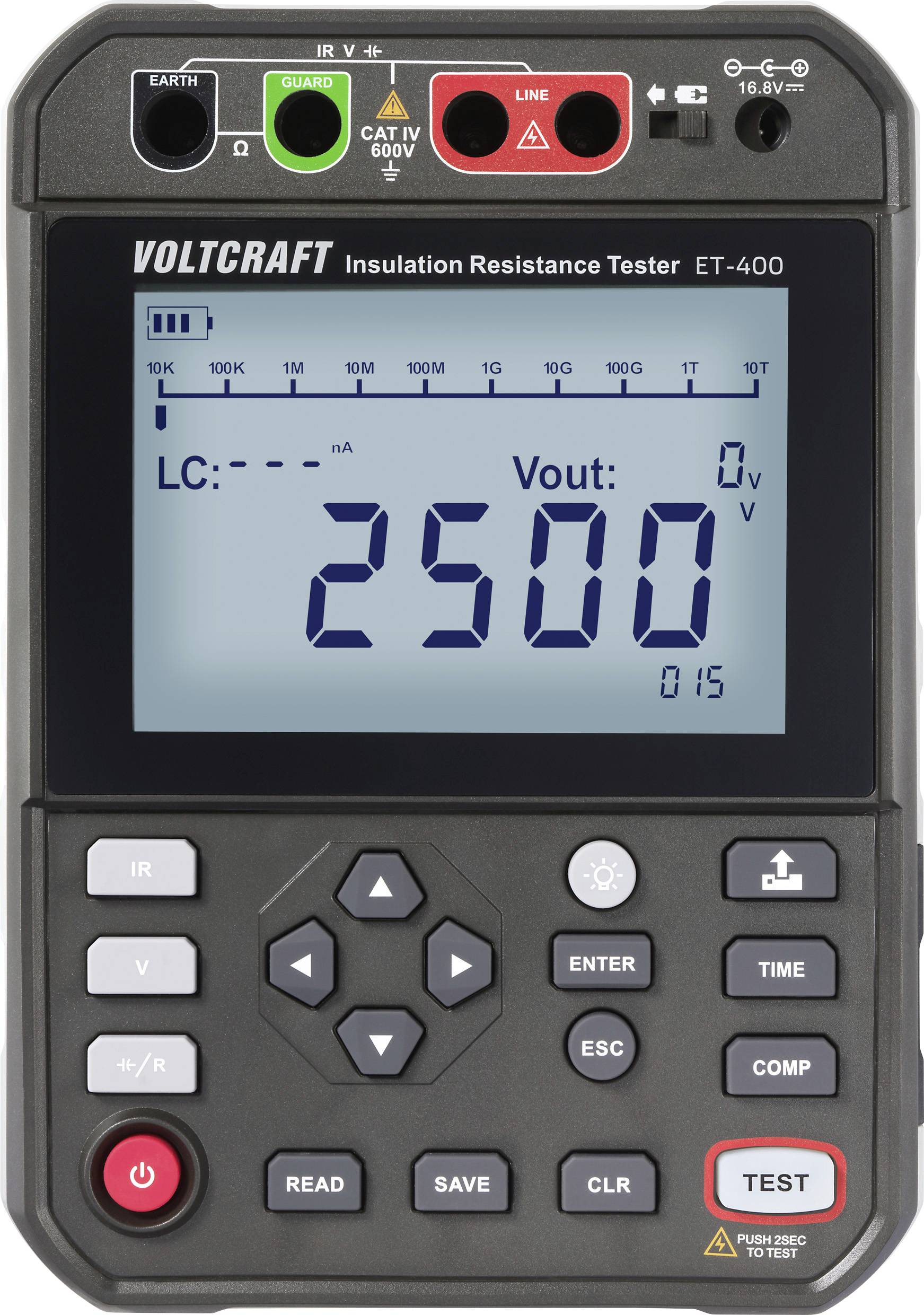 'Voltcraft ET-400 Isolationswiderstandsprüfer' mit der Anzeige 'Vout: 2500' auf dem Bildschirm. Tasten sind mit verschiedenen Funktionen gekennzeichnet, einschließlich 'TEST'.