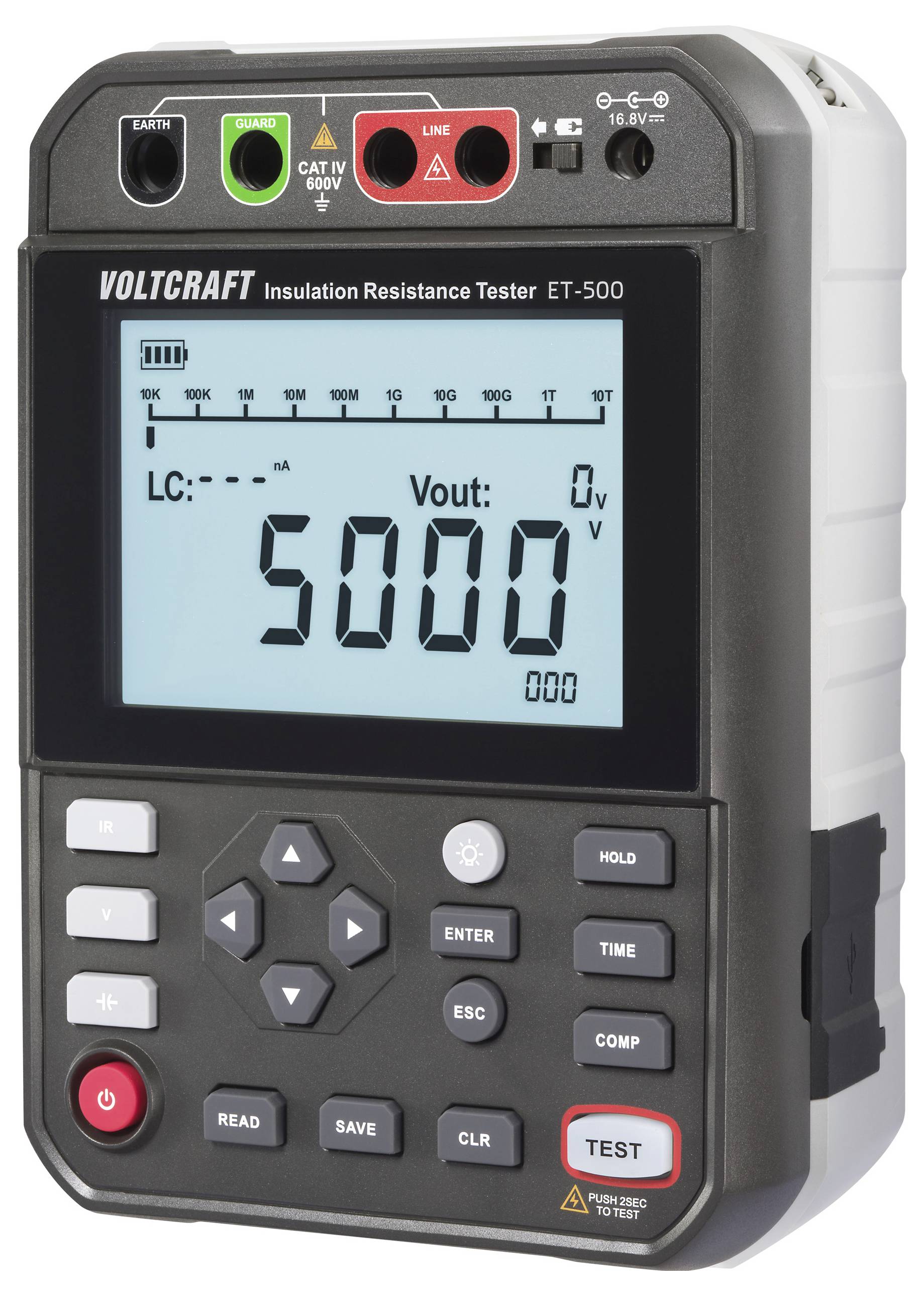 'Voltcraft Isolationsprüfer ET-500' mit digitaler Anzeige, die '5000V' zeigt. Sichtbar sind Tasten mit den Beschriftungen 'Test', 'Hold' und Navigationstasten.