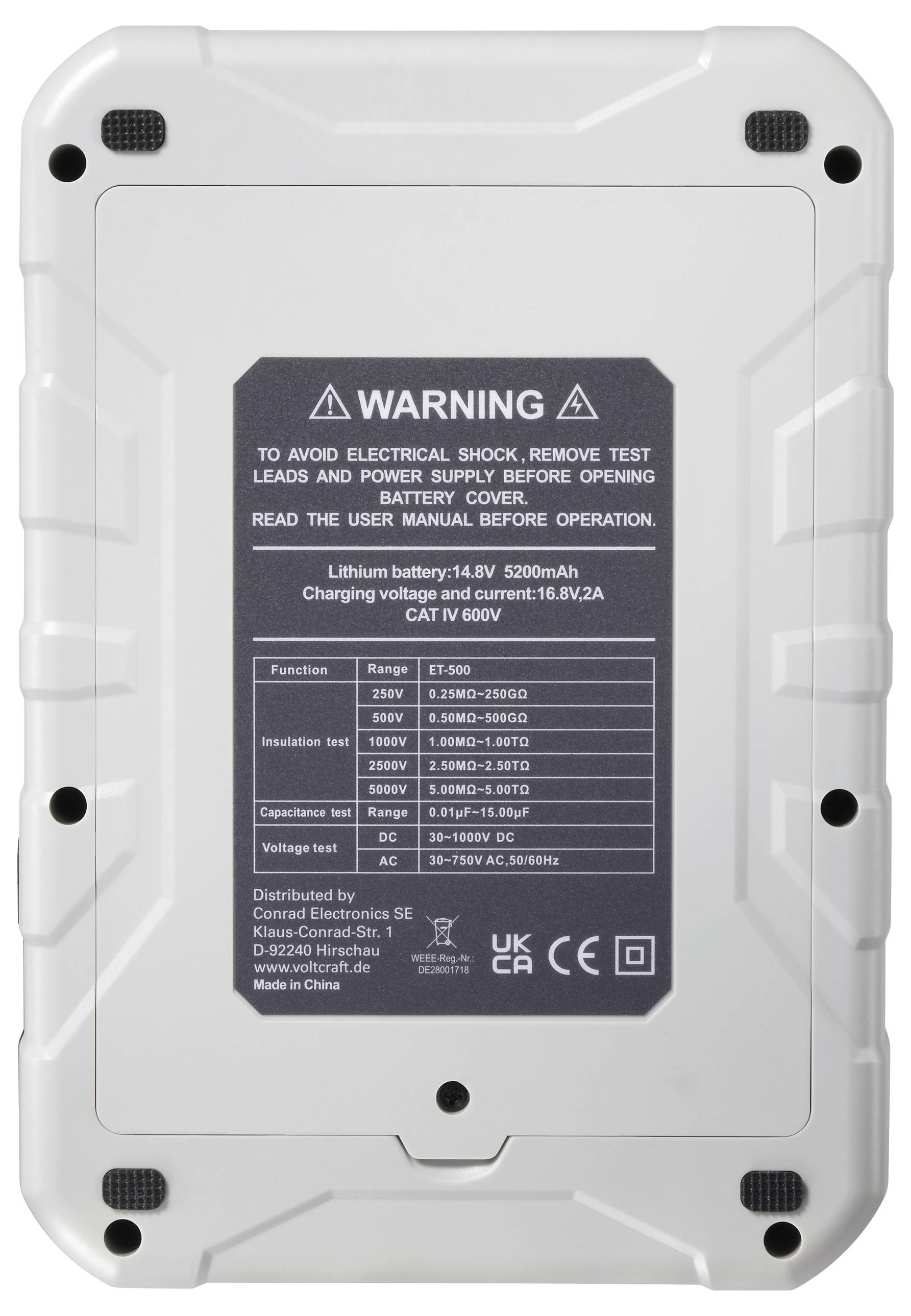 WARNUNG: Um einen elektrischen Schlag zu vermeiden, entfernen Sie die Messleitungen und die Stromversorgung, bevor Sie die Batterieverkleidung öffnen. Lesen Sie vor der Bedienung die Benutzeranleitung.Batterie: 14,8V 5200mAh, Ladespannung: 16,8V 2A.