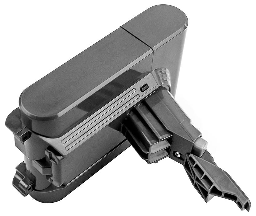 Ein schwarzes Gerät mit rechteckiger Form, seitlichem Schalter, Anschluss und Klapphalterung.