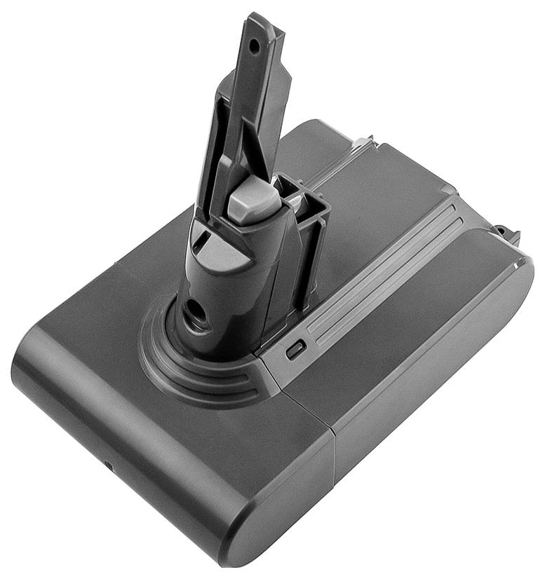 Schwarzer, rechteckiger Akku mit vertikaler Halterung, geeignet für elektronische Geräte wie Staubsauger oder andere Haushaltsgeräte.