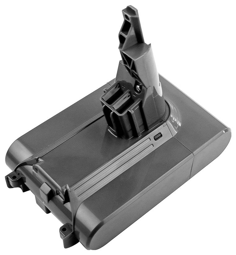 Ein grauer Ersatzakku für einen Staubsauger, kompakte rechteckige Form, mit einem Steckverbinder an der Oberseite.