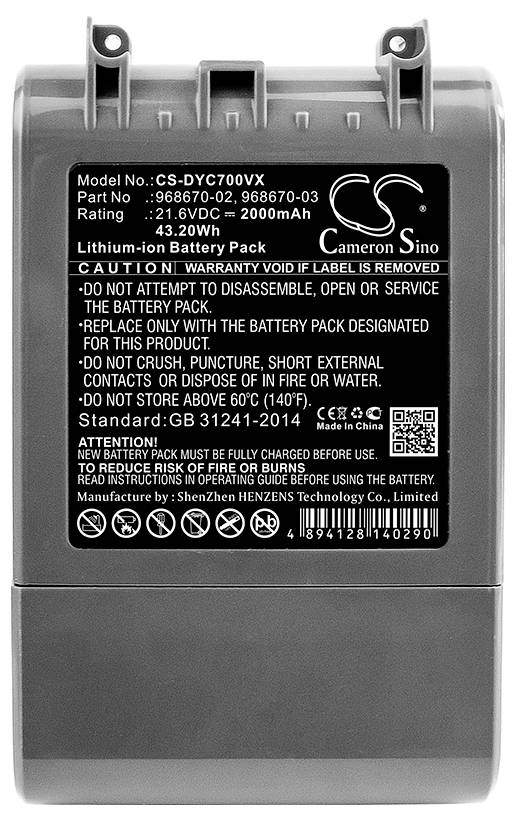 Etikett auf einer Lithium-Ionen-Batterie mit technischen Spezifikationen und Warnhinweisen vor falscher Handhabung und Entsorgung.