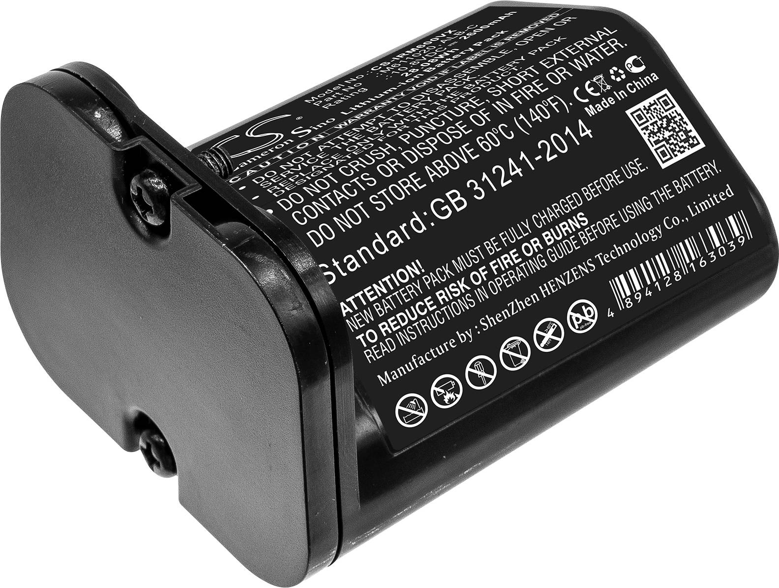 Schwarzer Akku mit Warnhinweisen zur Sicherheit. Markierungen und Spezifikationen sind auf der Oberfläche aufgedruckt.