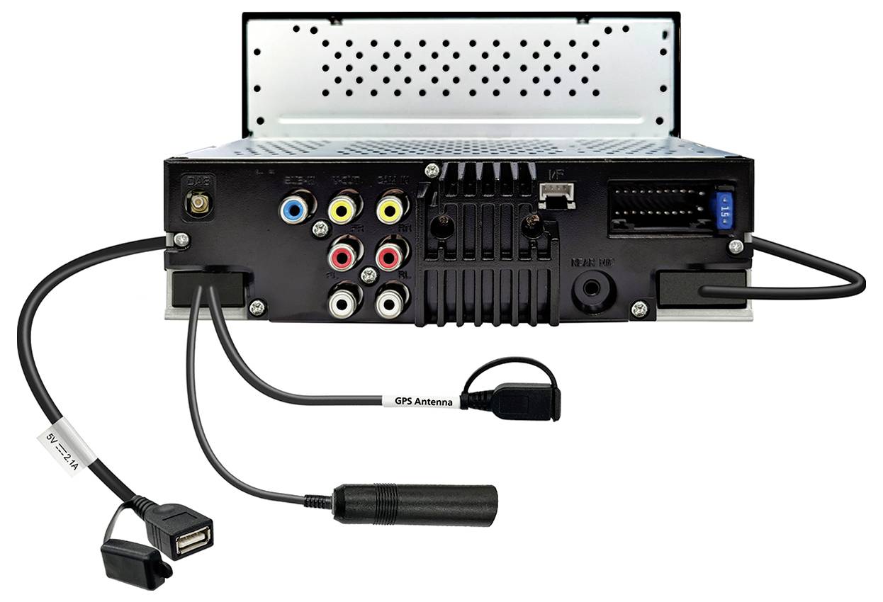 Das Bild zeigt die Rückseite eines Autoradios mit verschiedenen Anschlüssen, einschließlich USB, Antenne und Lautsprecheranschlüssen.