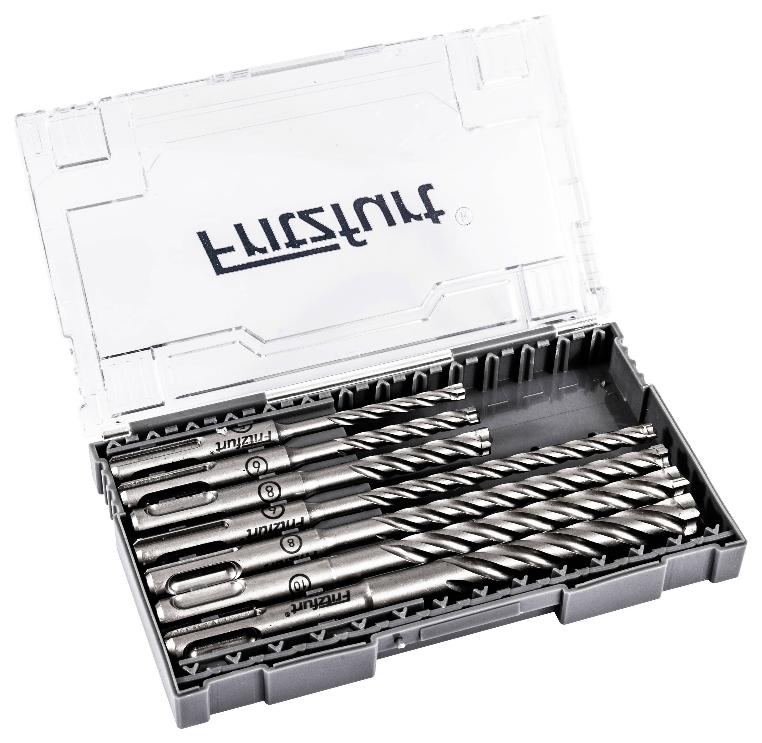 Ein Satz von sechs Metallbohrern mit Spiralrillen, aufbewahrt in einer transparenten Kunststoffbox.