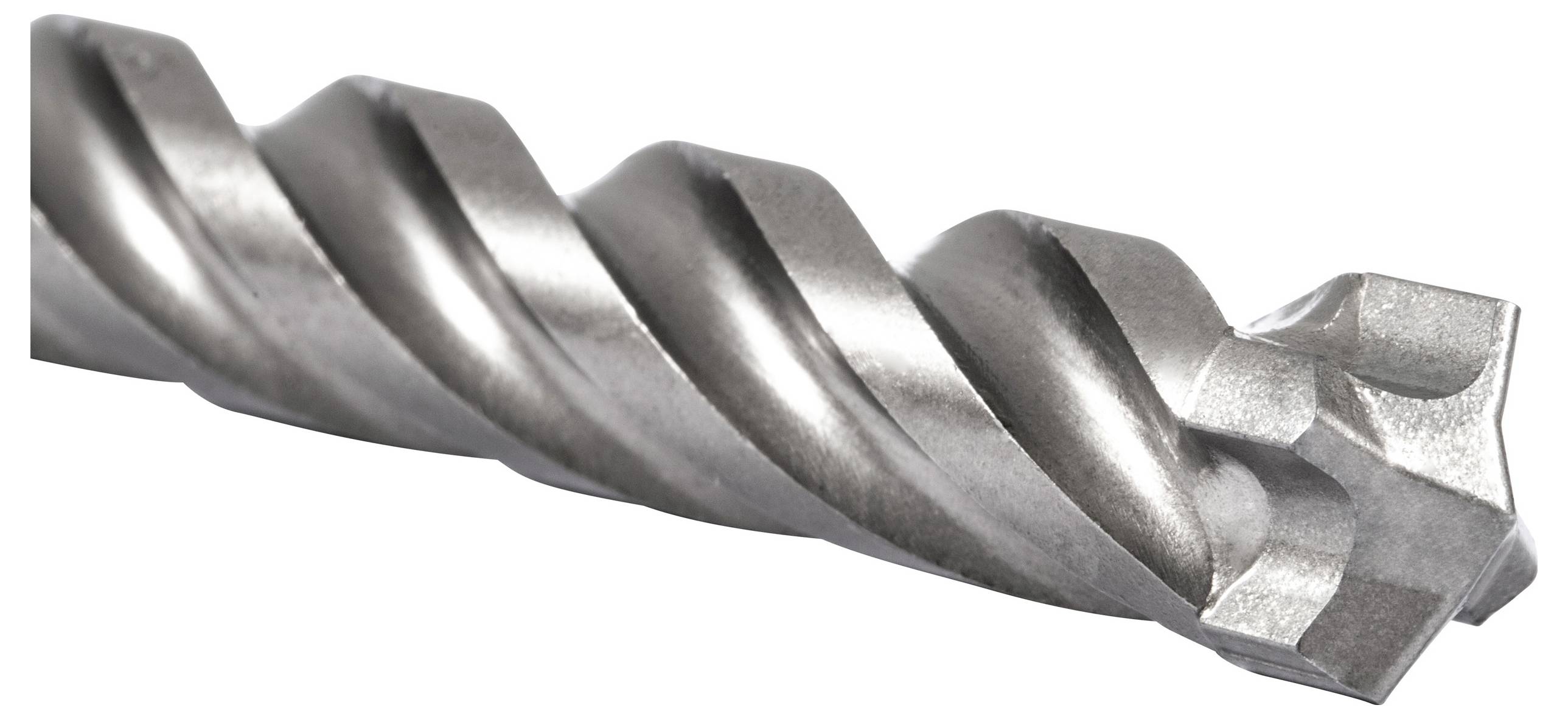 Nahaufnahme eines metallischen Bohrers mit einer gedrehten Konstruktion, der scharfe Schneidkanten und eine spitze Spitze zeigt, der zum Bohren in harte Oberflächen verwendet wird.