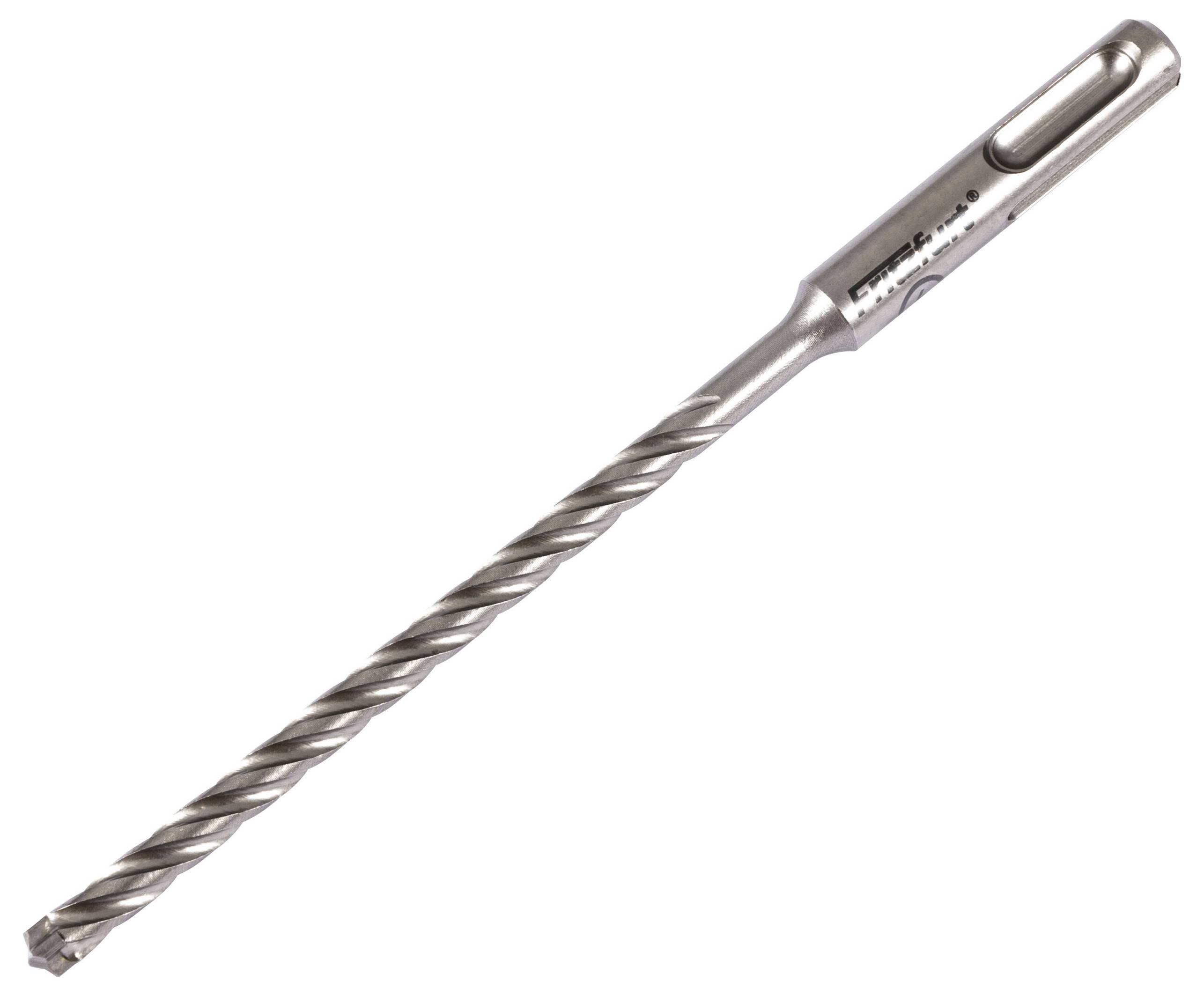 Ein Metallbohrer mit spiralförmigem Design und spitzer Spitze, der zum Bohren in harte Materialien wie Metall oder Mauerwerk verwendet wird.