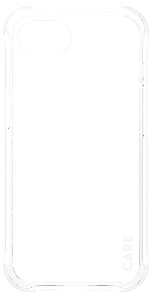 Transparente Handyhülle mit verstärkten Ecken, Bedienelementausschnitten und 'CARE' an der Unterseite.