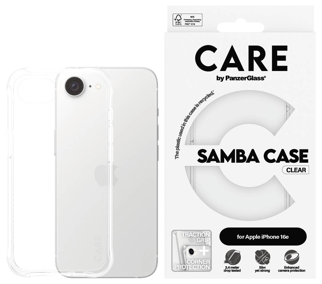 Transparente Handyhülle 'Samba Case' von PanzerGlass für iPhone, neben der Verpackung. Bietet Schutz und stabiles Design.