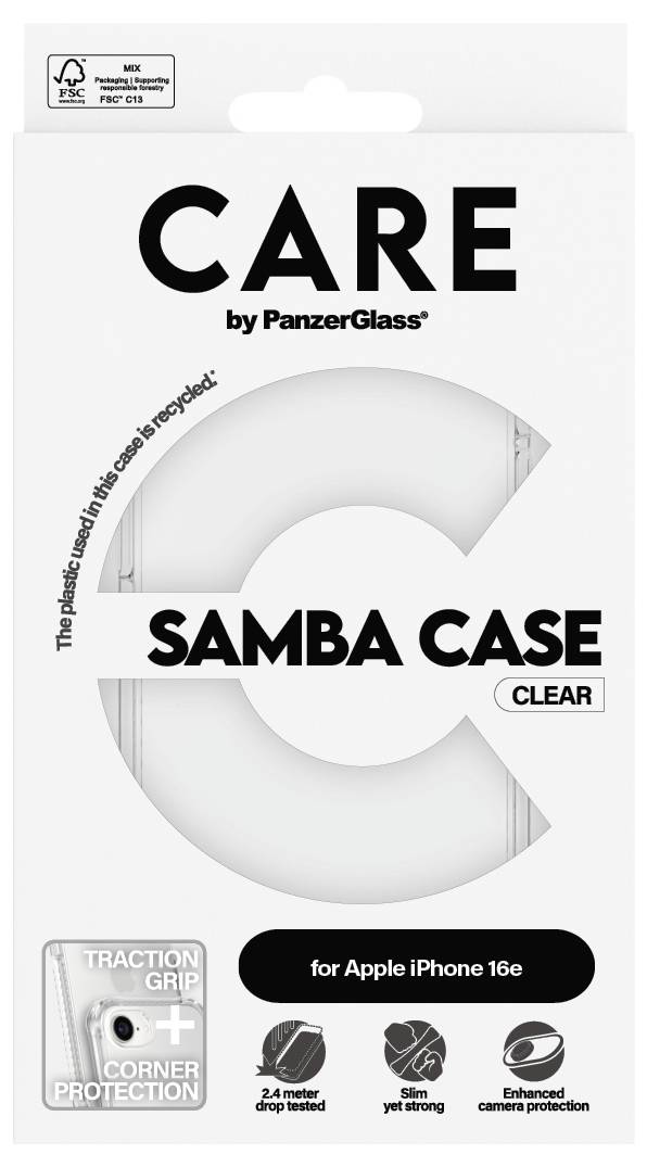'CARE by PanzerGlass Samba Case Clear' Verpackung für Apple iPhone 16e, mit Text über Recycling, Traktionsgriff und Eckenprotektor.