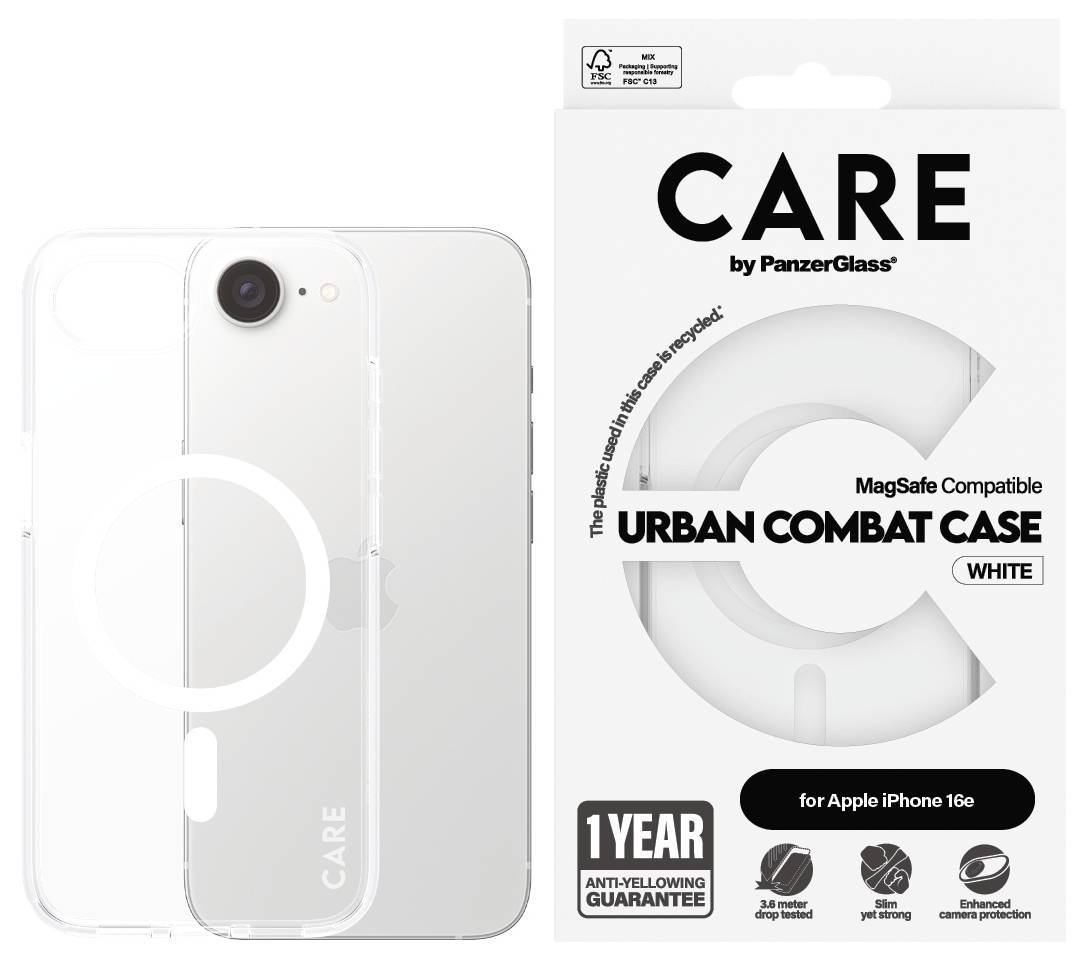 Klarsicht-Schutzhülle für iPhone 16e, kompatibel mit MagSafe. Verpackung zeigt Schrift 'CARE by PanzerGlass' und 'Urban Combat Case'.