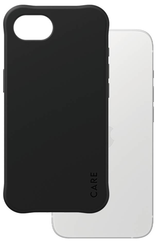 Schwarze Handyhülle vor einem weißen Smartphone, sie trägt die Aufschrift 'CARE' am unteren Rand.