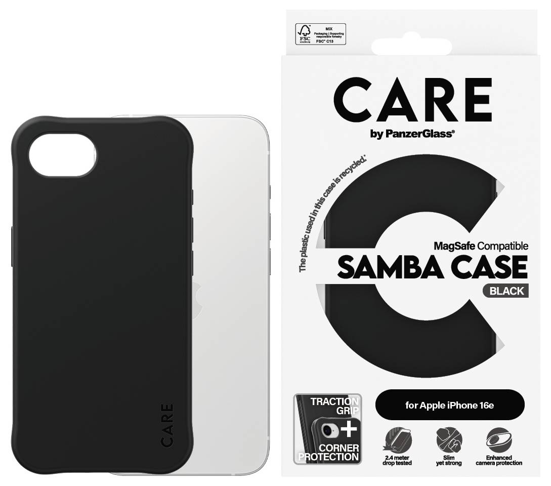 Schwarze PanzerGlass Schutzhülle für iPhone 16e. Die Verpackung zeigt Text: 'CARE Samba Case', 'MagSafe Compatible', 'Schwarze'.