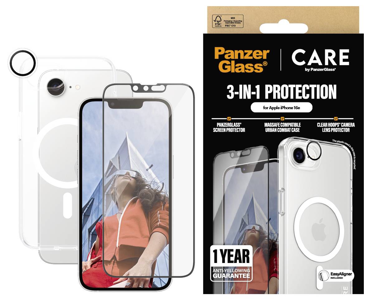 'PanzerGlass 3-in-1 Protection' für iPhone: Hülle, Displayschutz und Kameraschutz vor weißem Hintergrund. Enthält Zubehör im rot-schwarzen Karton.