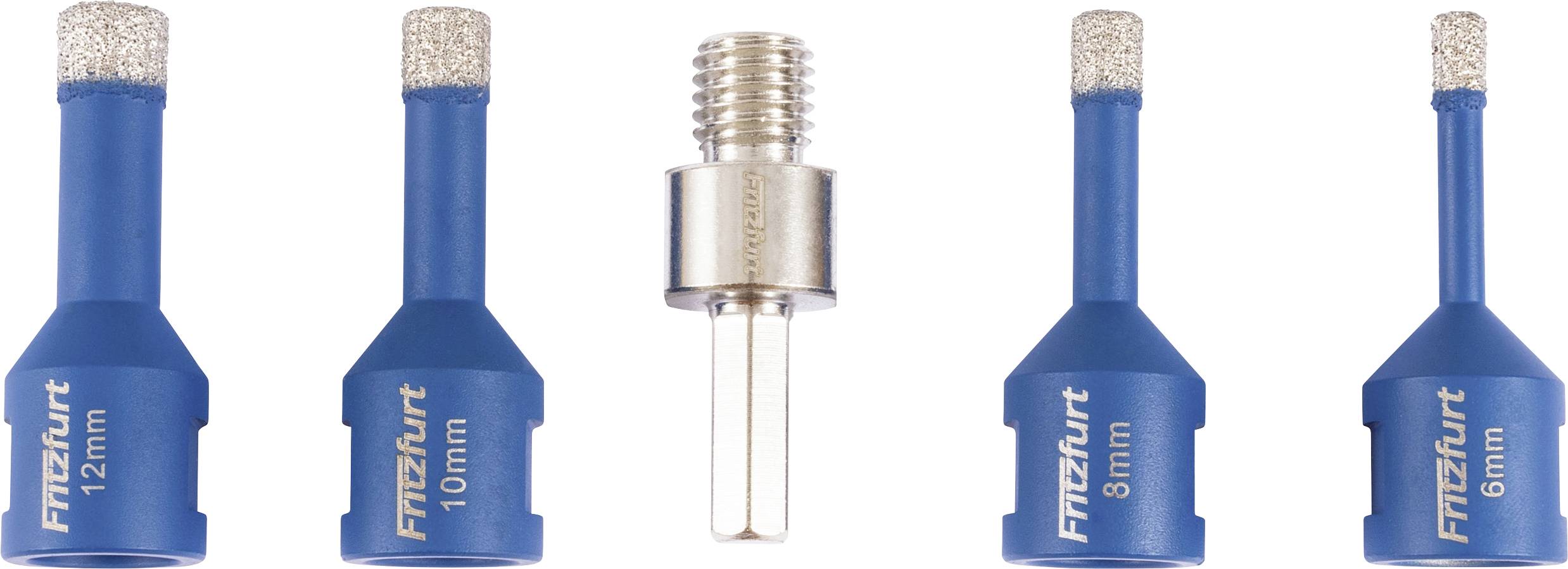 Bild von vier blauen Diamantbohrern mit unterschiedlichen Größen (6mm, 8mm, 10mm, 12mm) und einem Gewindeadapter zur Bohranbringung.