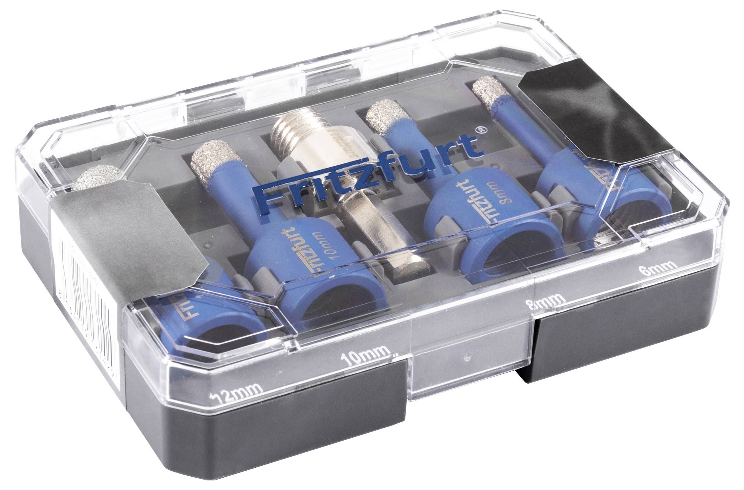 Eine transparente Schachtel mit blau diamantbeschichteten Bohrern der Marke 'Fritzfurt', die vier Größen zeigt: 6mm, 8mm, 10mm und 12mm.