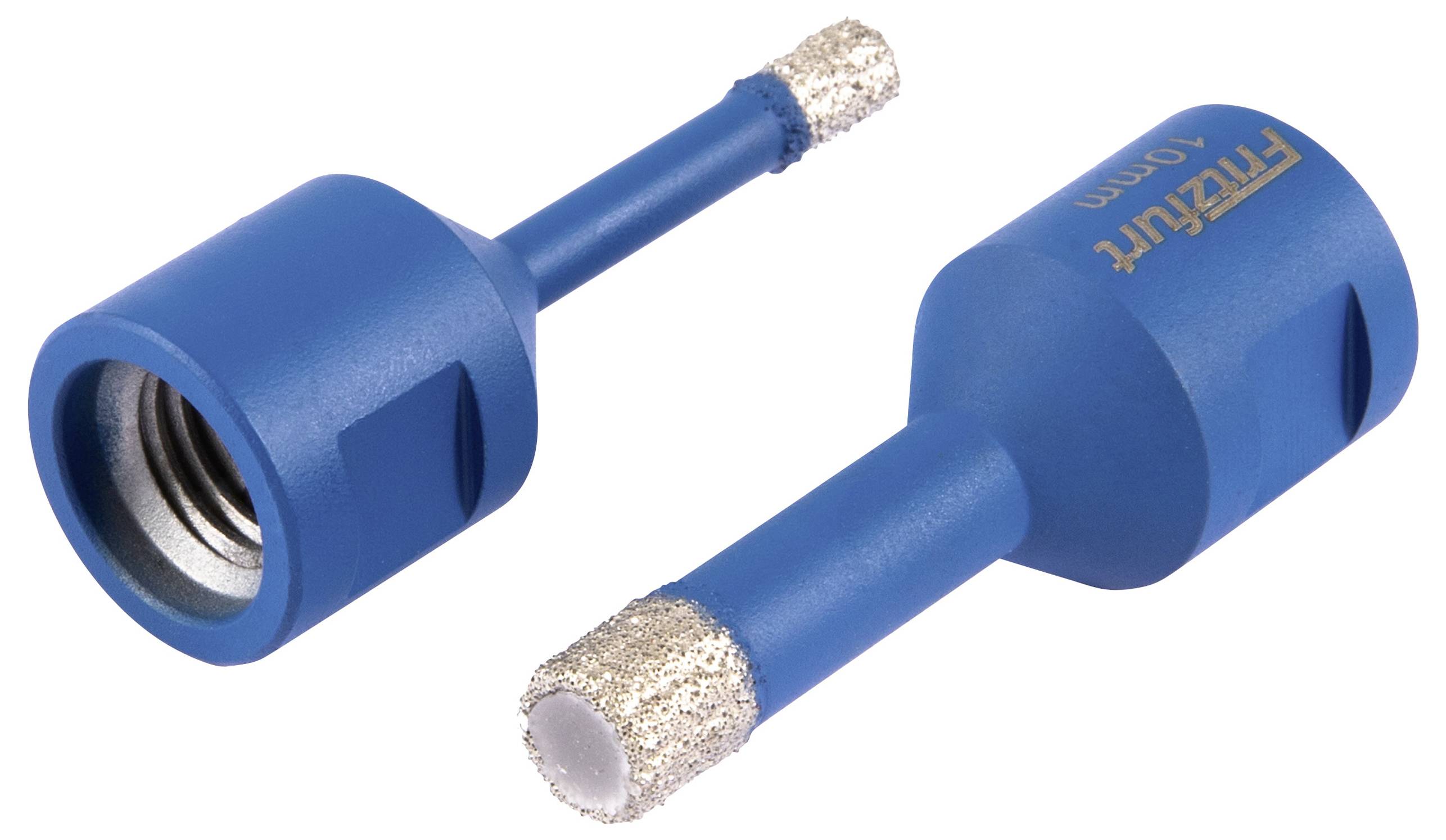 Zwei blaue zylindrische Werkzeuge mit strukturierten Metalltipps, die für präzises Schneiden oder Schleifen verwendet werden. Eines steht aufrecht, das andere liegt auf der Seite.