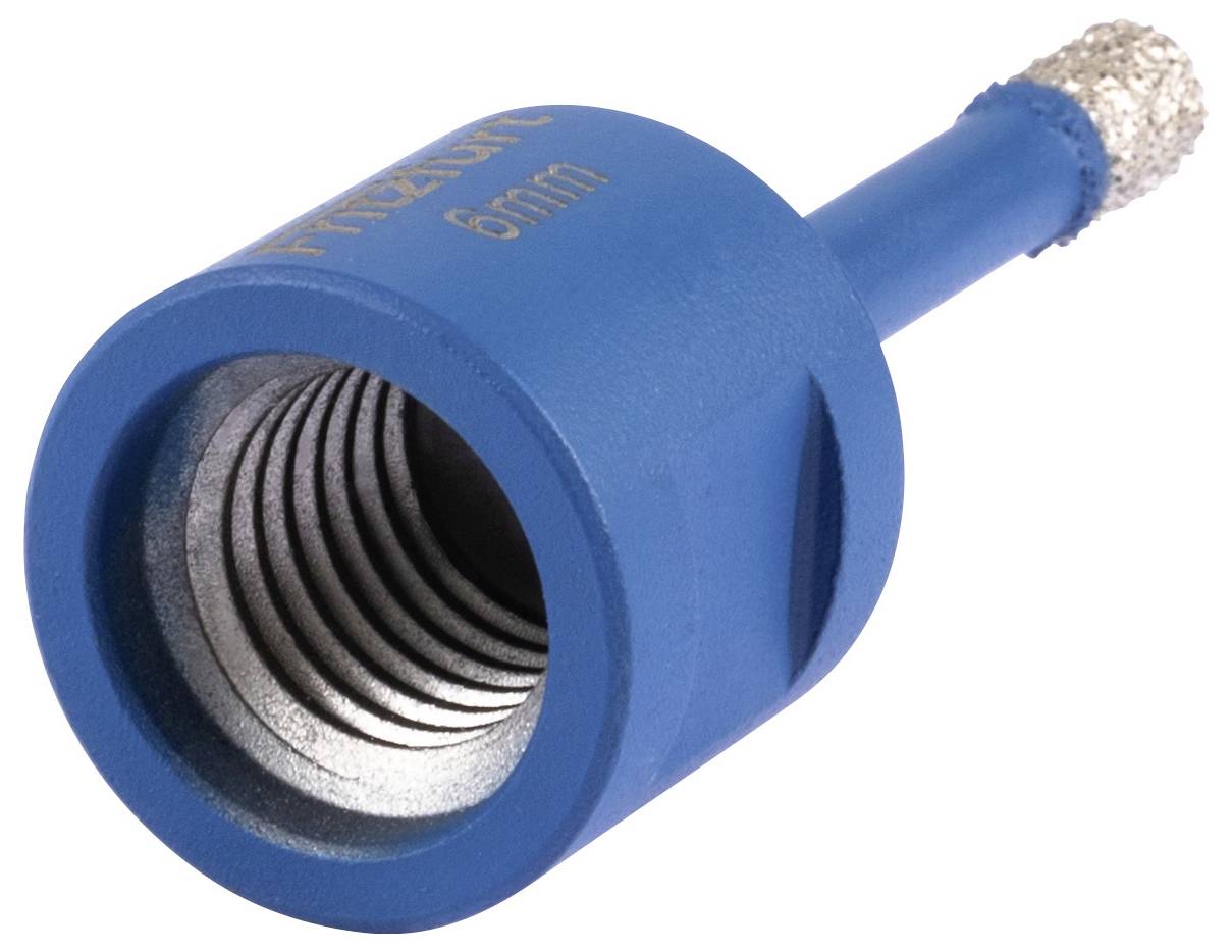 Ein blauer zylindrischer Gegenstand mit einem metallischen Spiralinnenleben, beschriftet mit 'FREZZA 6mm'. Scheint ein Werkzeugbit zu sein, möglicherweise zum Bohren verwendet.