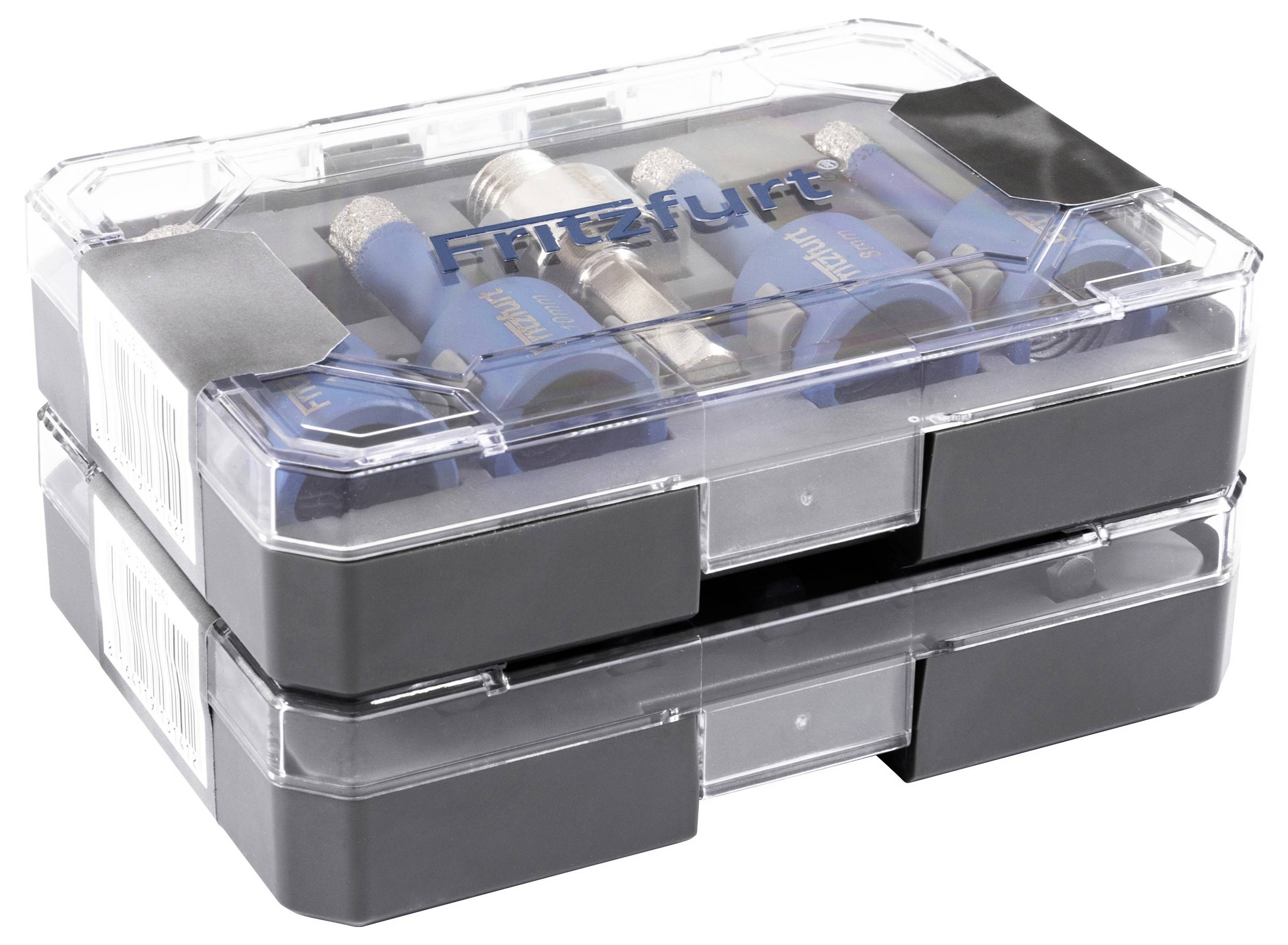 Eine transparente Kunststoff-Aufbewahrungsbox, die mehrere blaue Spritzpistolen-Luftkappen enthält, mit einem deutlich sichtbaren 'FEIN'-Etikett auf den Kappen.