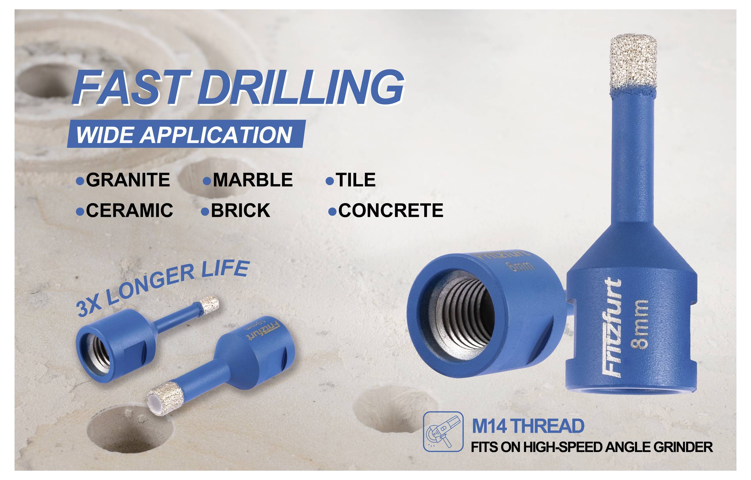 Schnelles Bohrwerkzeug mit breitem Anwendungsbereich für Granit, Marmor, Fliesen, Keramik, Ziegel und Beton. Verspricht 3-mal längere Lebensdauer, M14-Gewindepassung.