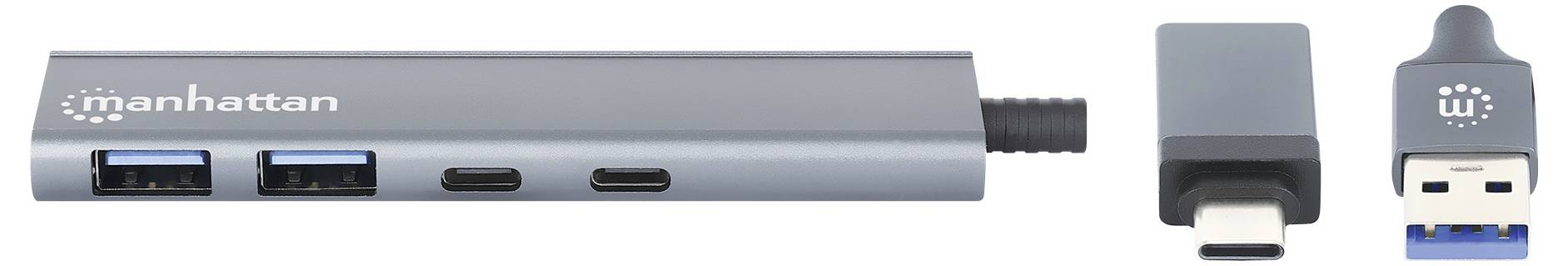 Ein USB-Hub mit zwei USB-Anschlüssen und zwei USB-C-Anschlüssen, daneben ein USB-Adapter mit USB-C und USB-Anschluss.