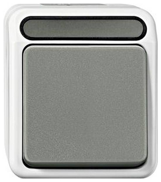 Ein grauer, quadratischer Schalter mit einem weißen Rahmen, geeignet für Licht- oder Gerätebedienung.