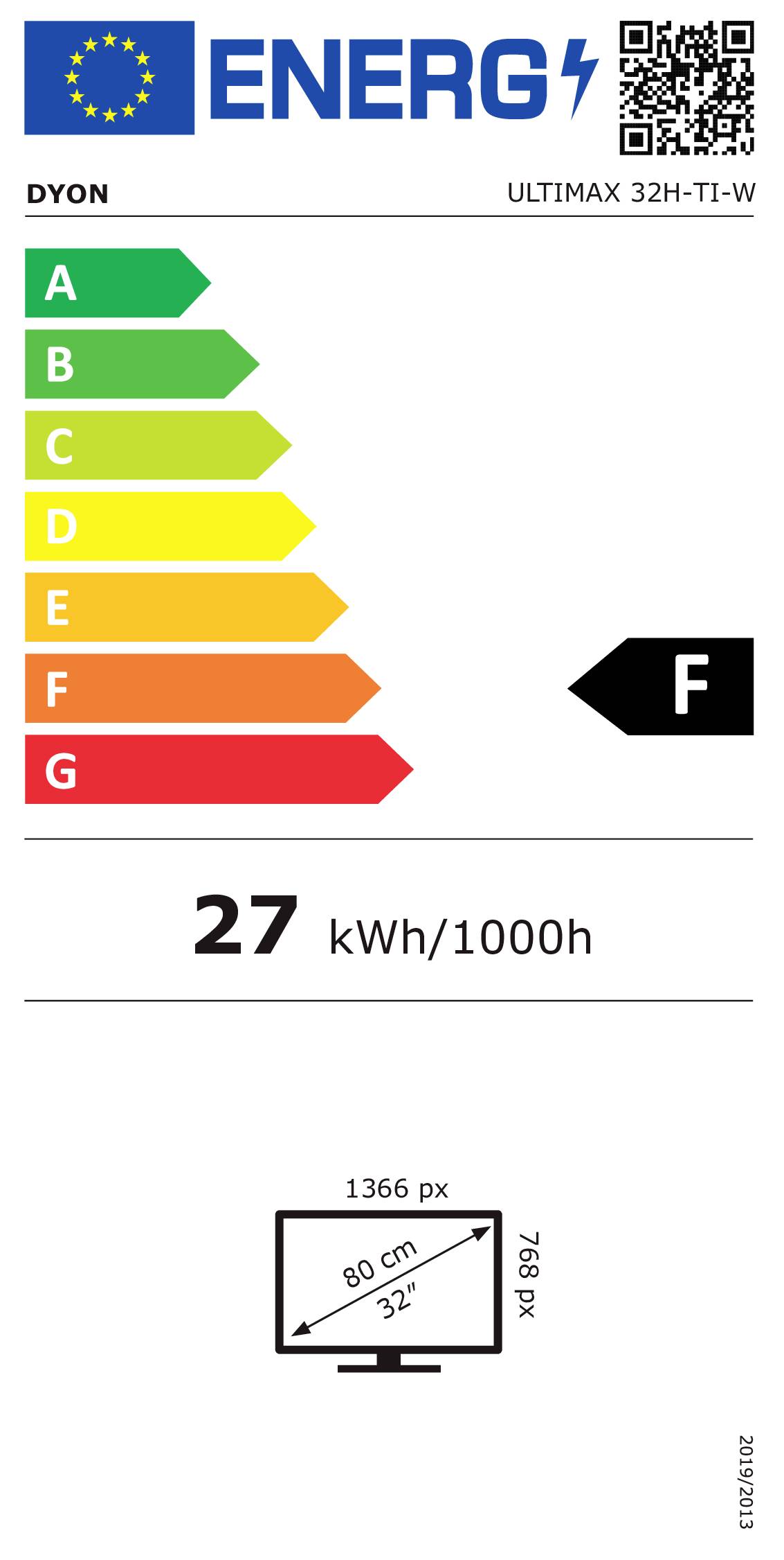 Energieeffizienzklasse F Fernseher, 27 kWh/1000h, Bildschirmdiagonale 80 cm (32 Zoll), Auflösung 1366 x 768 Pixel.
