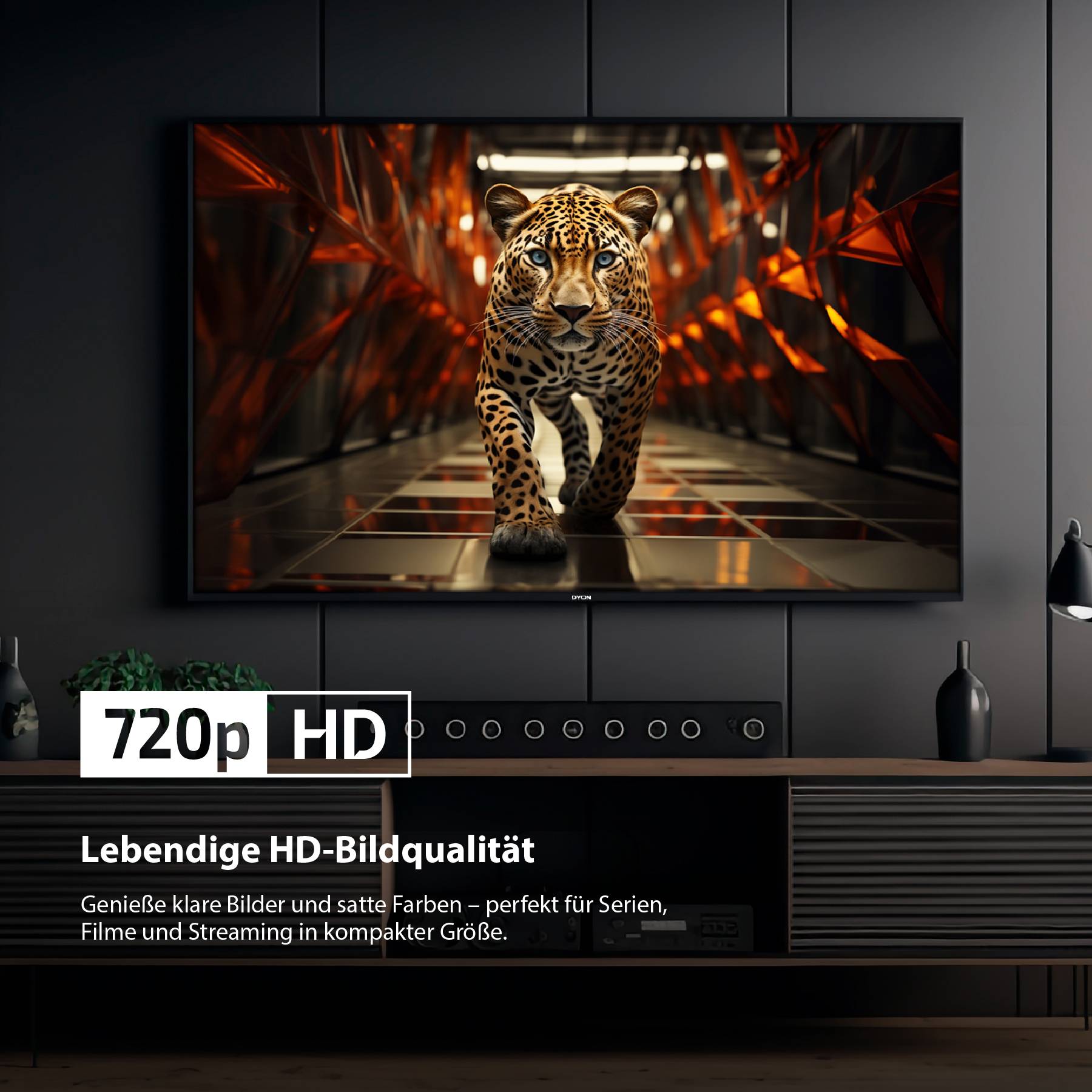 Ein Fernseher zeigt ein lebhaftes Bild eines Tigers, der in einem digitalen Tunnel läuft. Der Text darunter bewirbt die Auflösung 