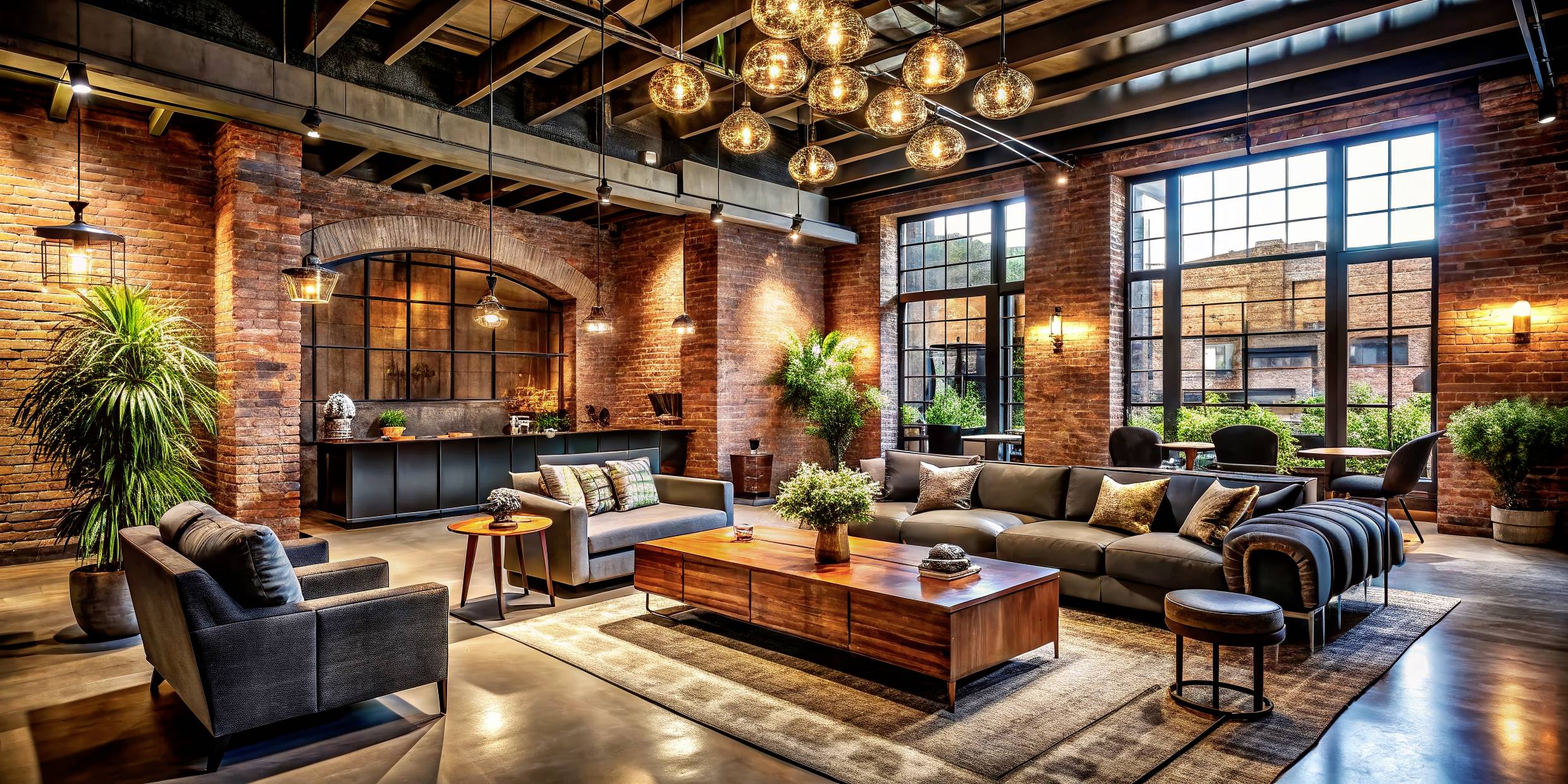 Ein geräumiges Wohnzimmer im Industrial-Stil mit freigelegten Ziegelwänden, großen Fenstern, moderner Möblierung und hängenden Pendelleuchten.