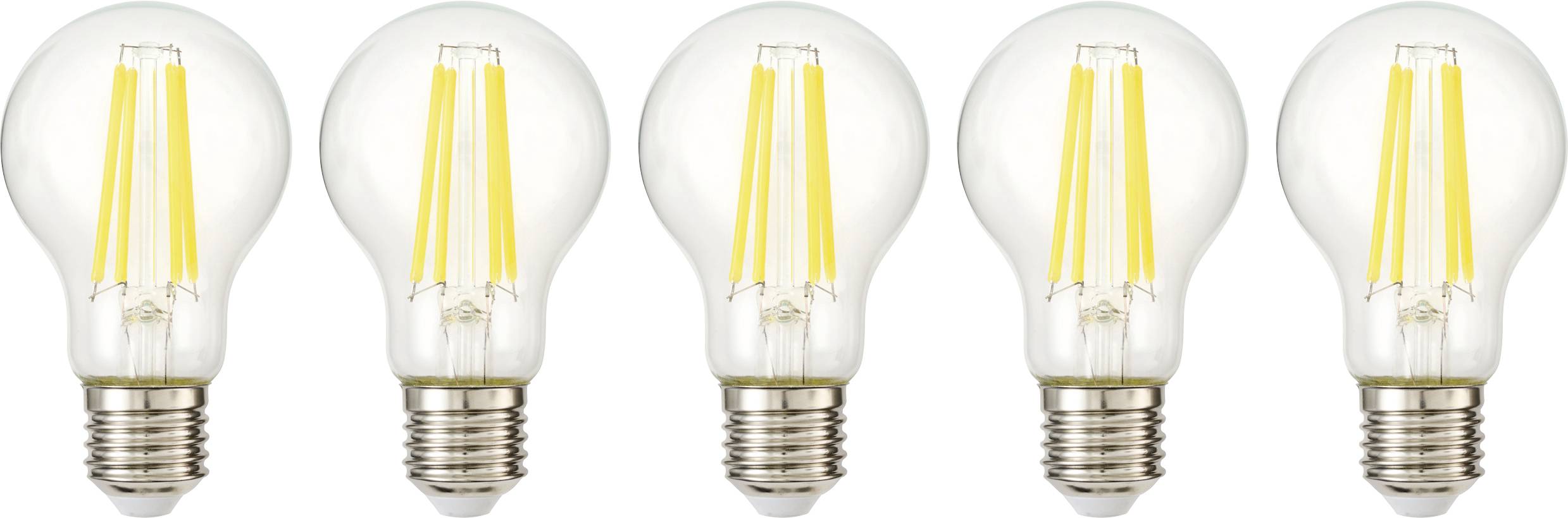 Fünf LED-Glühbirnen, die in einer Reihe angeordnet sind, jede mit identischen leuchtenden Filamenten, die Energieeffizienz und moderne Beleuchtung repräsentieren.