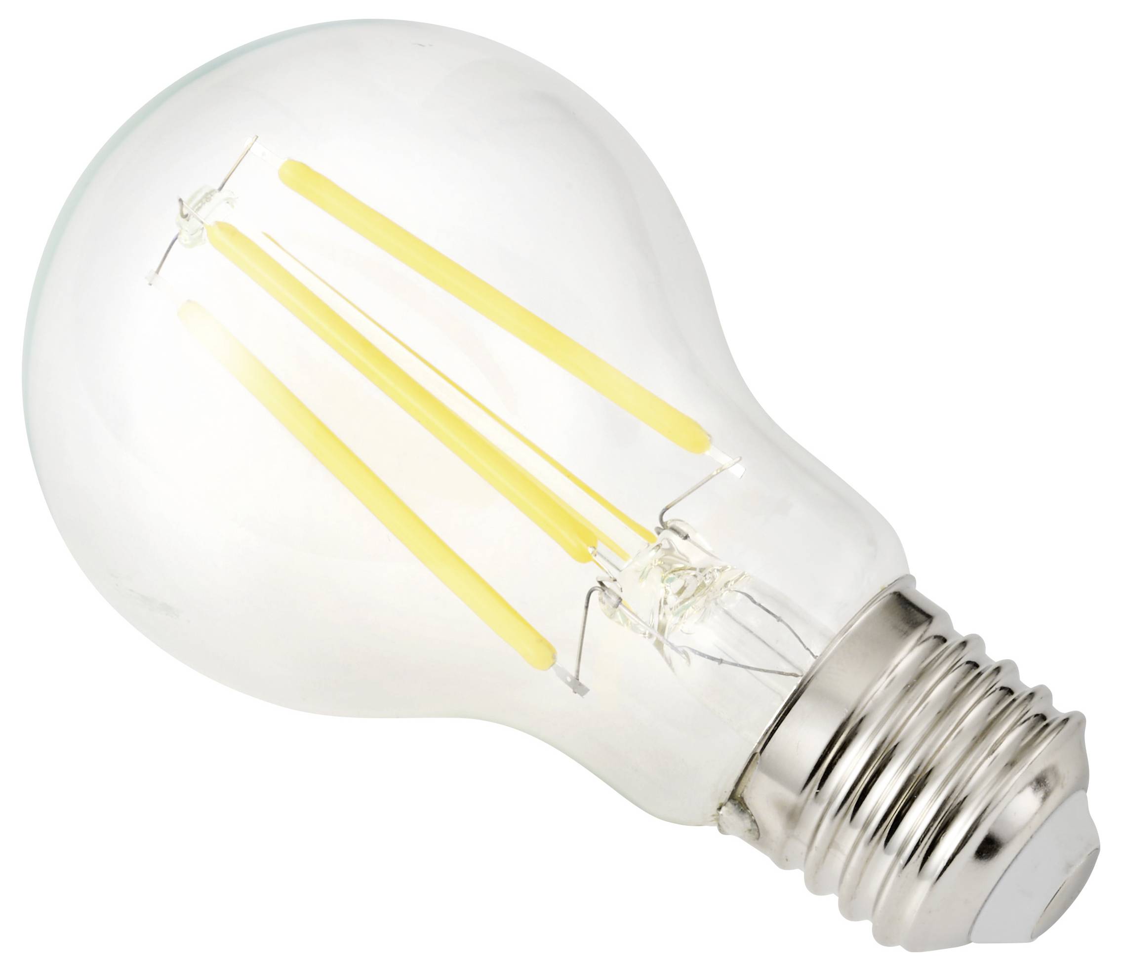 Eine transparente LED-Glühbirne mit sichtbaren gelben Filamenten und einer silbernen Basis, die einer traditionellen Glühlampe ähnelt.