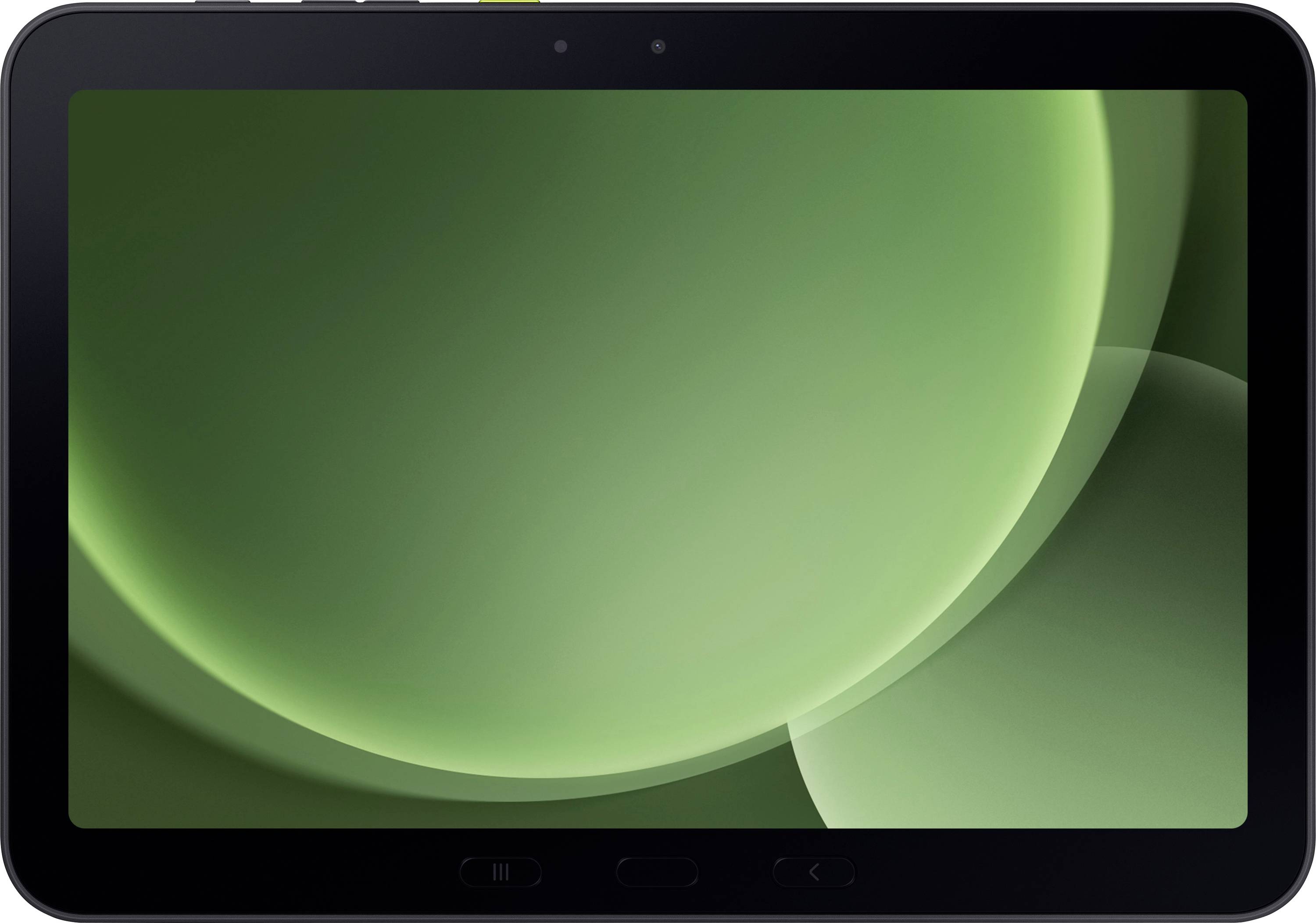 Ein Tablet mit einem grünen, abstrakten Display-Hintergrund.