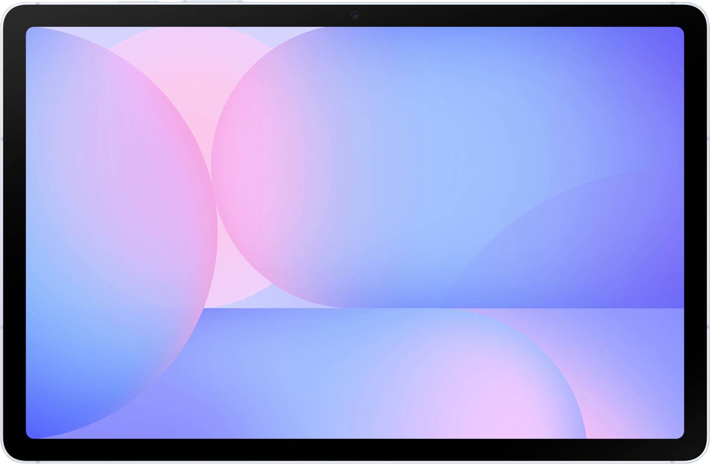 Ein Tablet mit schwarzem Rand zeigt ein pastellfarbenes, abstraktes Design in Rosa und Blau auf dem Bildschirm.