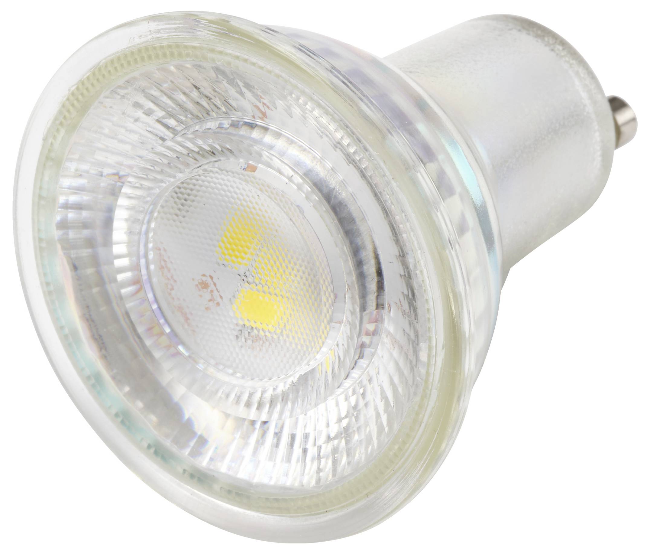 Eine Nahaufnahme einer LED-Glühbirne mit klarem Linsengehäuse und sichtbaren Dioden im Inneren. Die Glühbirne hat eine metallische Fassung und wirkt energieeffizient.