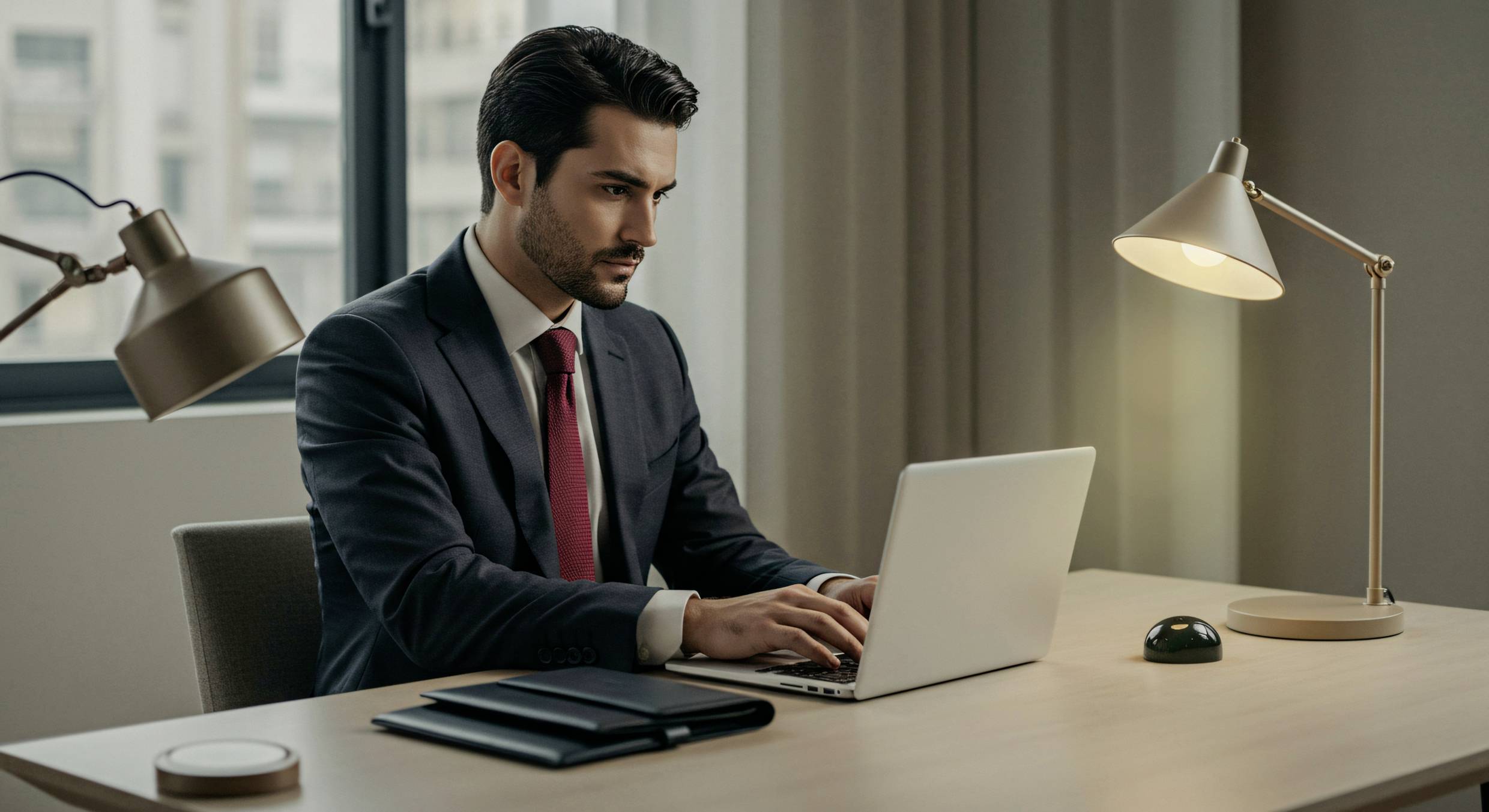 Ein Mann im Anzug arbeitet an einem Laptop an einem Schreibtisch in einem modernen Büro, wobei zwei Lampen Licht spenden.