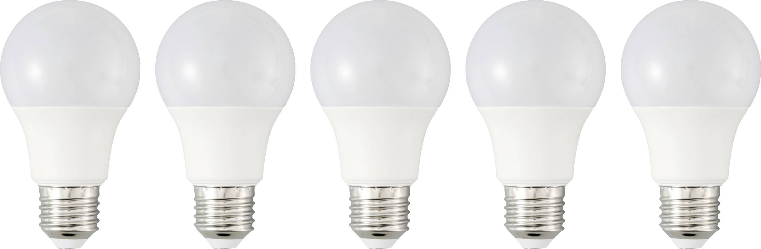 Fünf identische LED-Glühbirnen in einer Reihe, von der Seite betrachtet, mit sichtbaren silbernen Sockeln vor einem weißen Hintergrund.