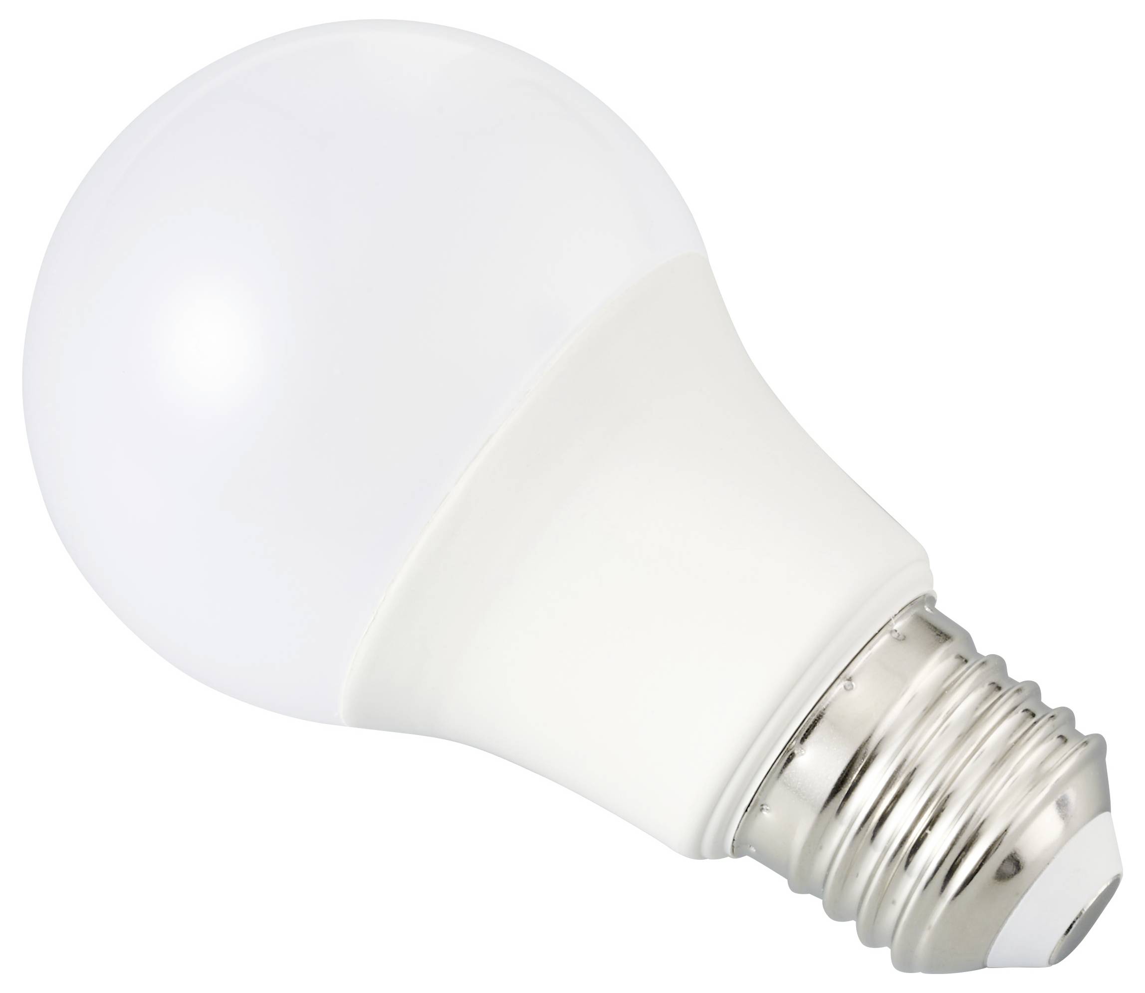 Eine weiße LED-Glühbirne mit silberner Schraubfassung ist leicht seitlich geneigt.
